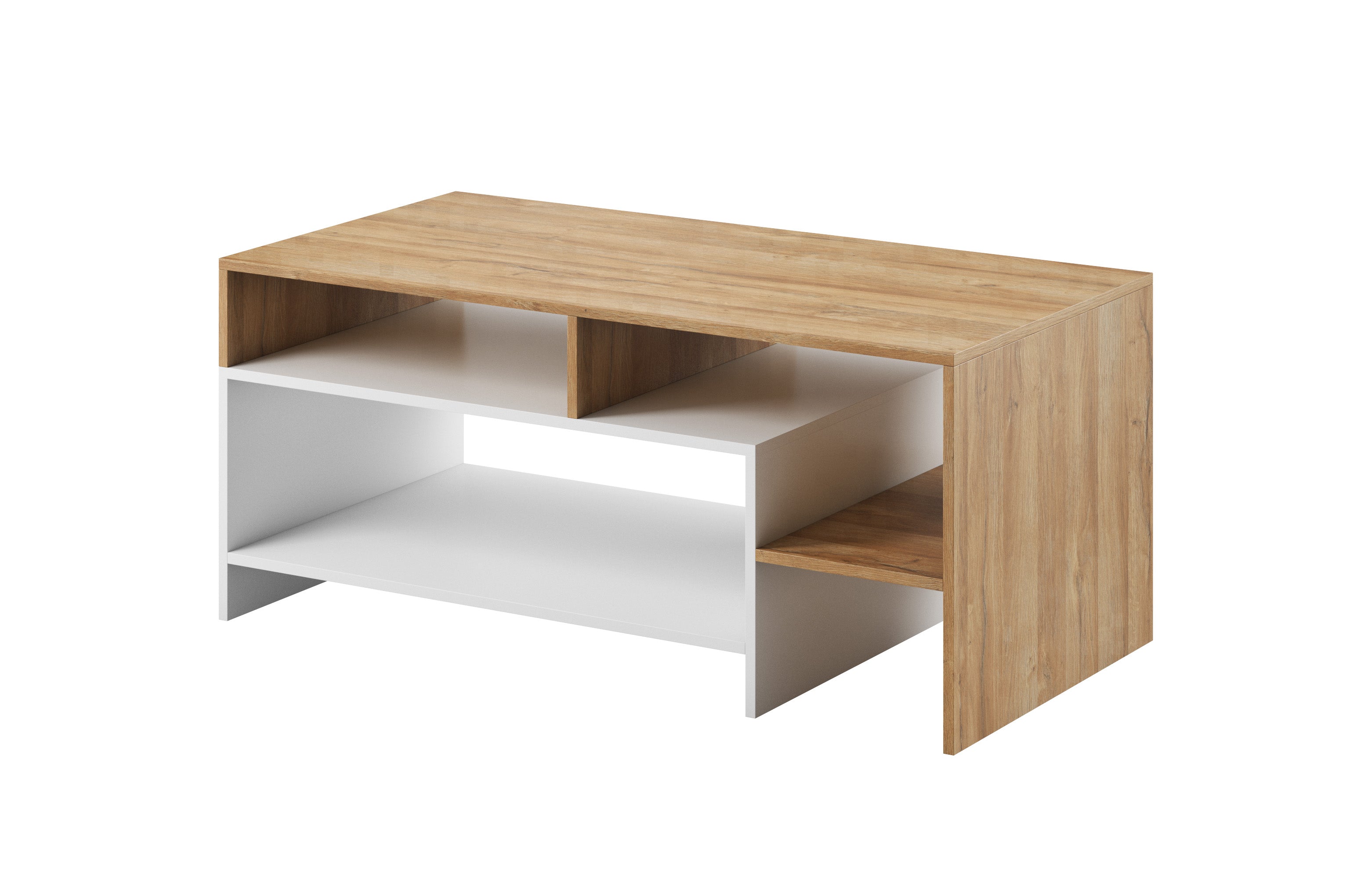 Lask ALVA Couchtisch – 120 x 60 x 53 cm – Weiß & Goldene Eiche