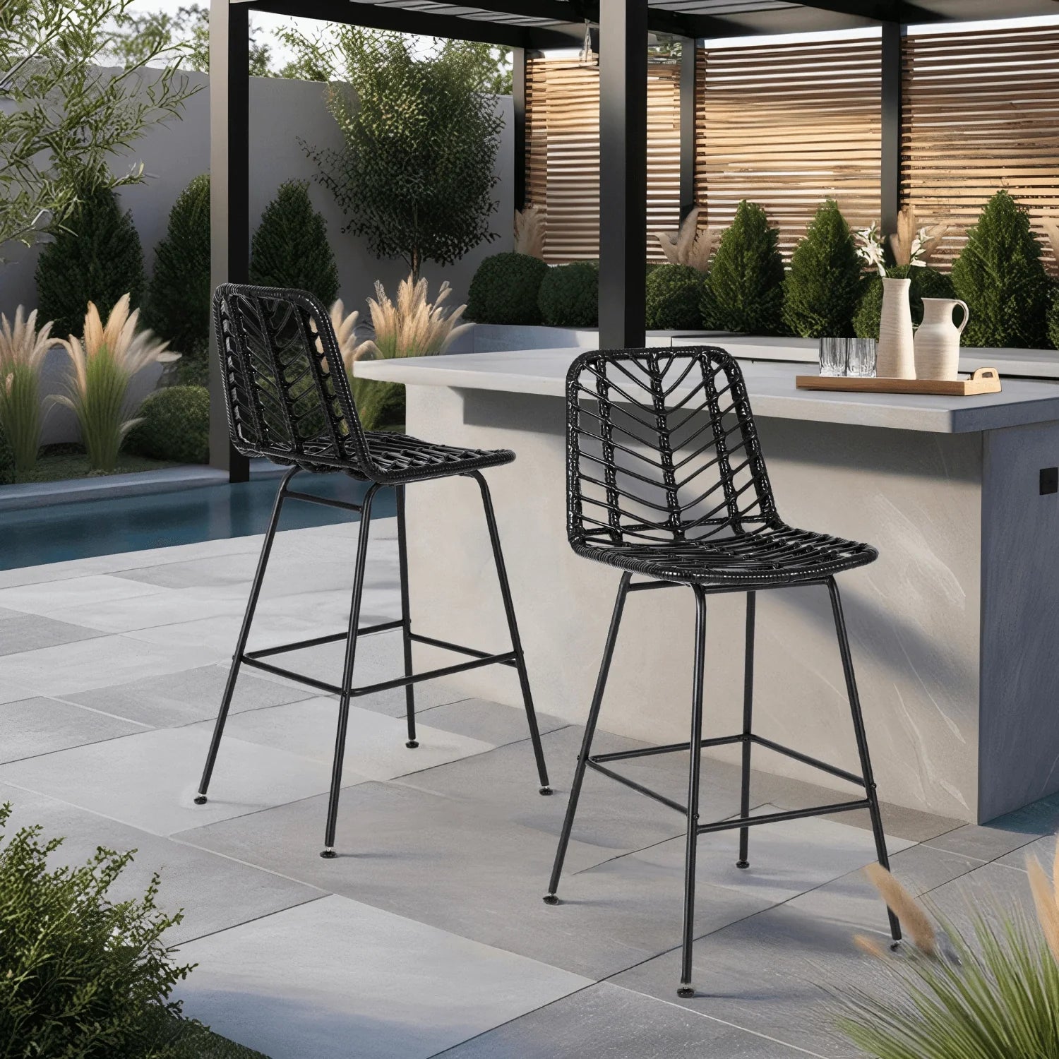 Elite JERRY Garten-Barhocker aus schwarzem Rattan – stilvoll und langlebig