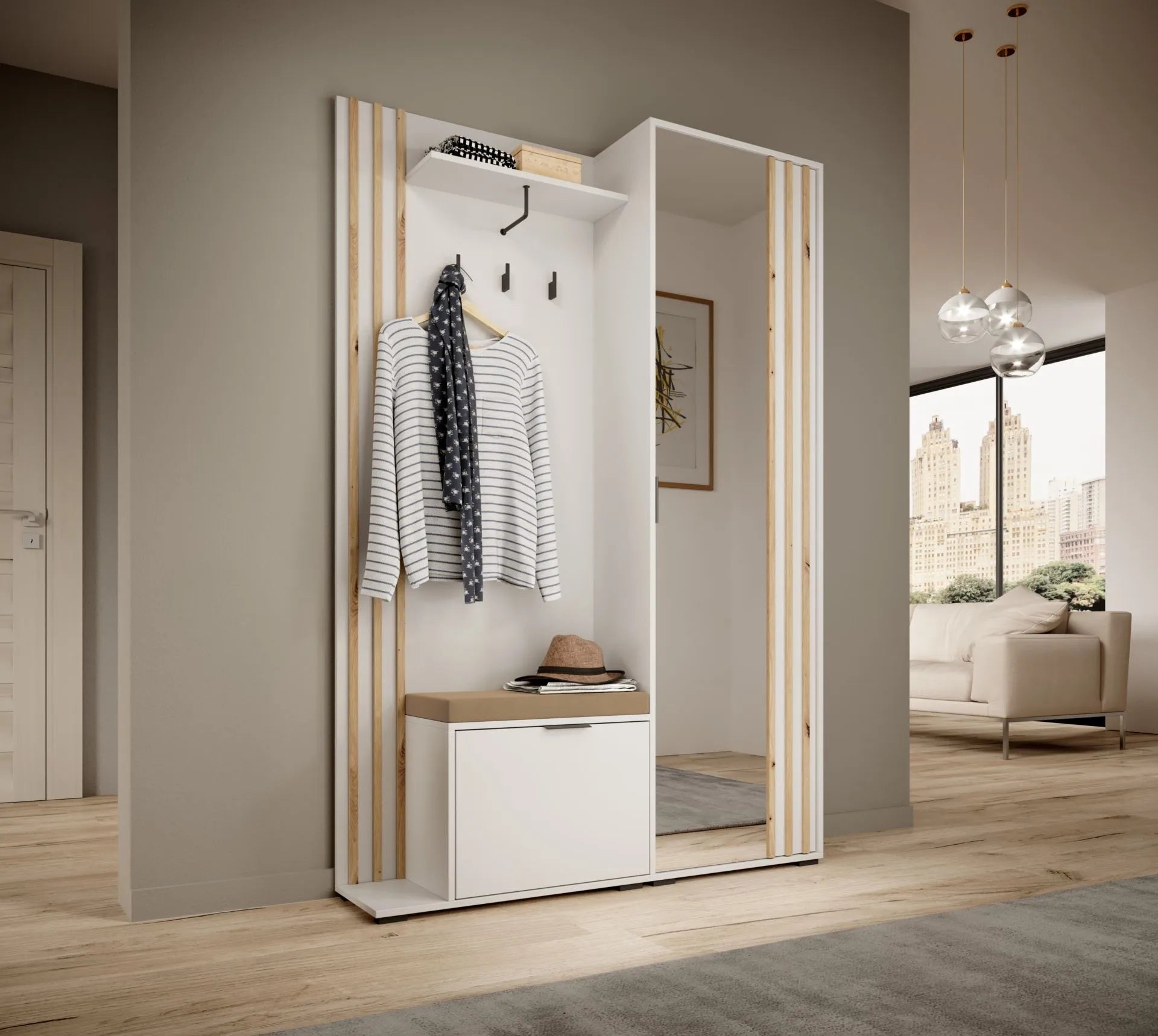 Nelly Hallway Wardrobe – White / Artisan Slats / Mirror with Cushion