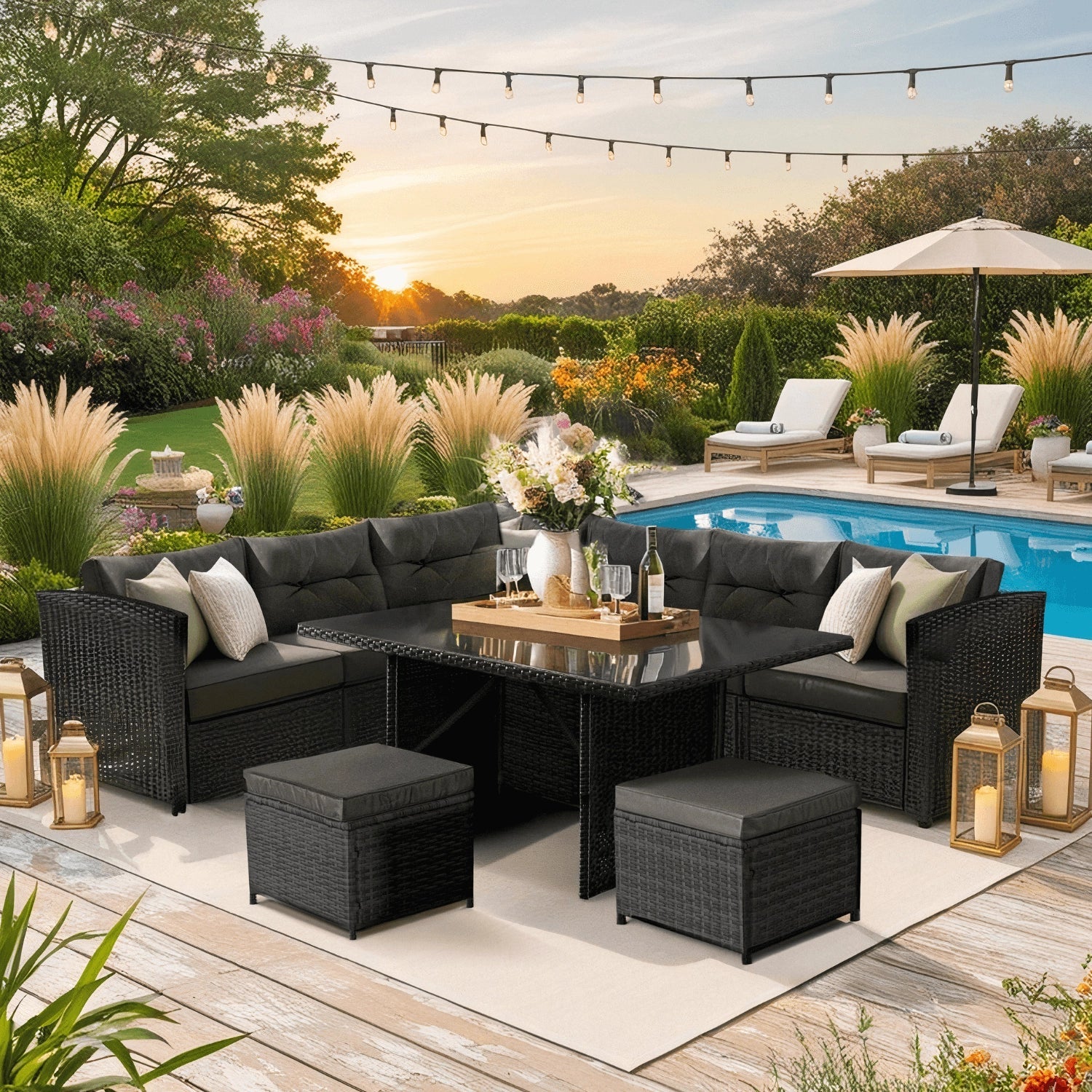 Elite DALLAS Gartenmöbel-Set Schwarz/Dunkelgrau - Luxuriöse Rattan-Gartenlounge