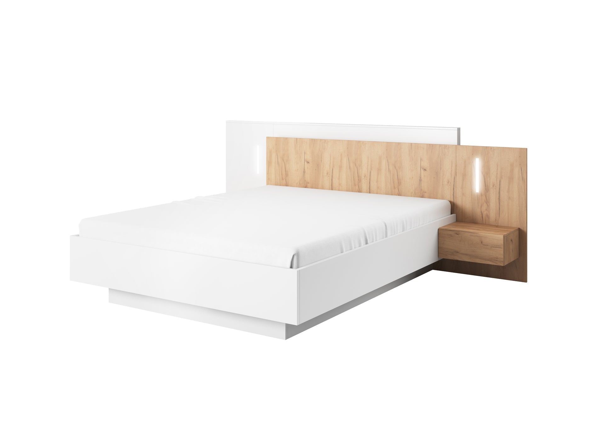 Lask 3D – Bett mit Nachttischen | Weiß &amp; Craft Oak
