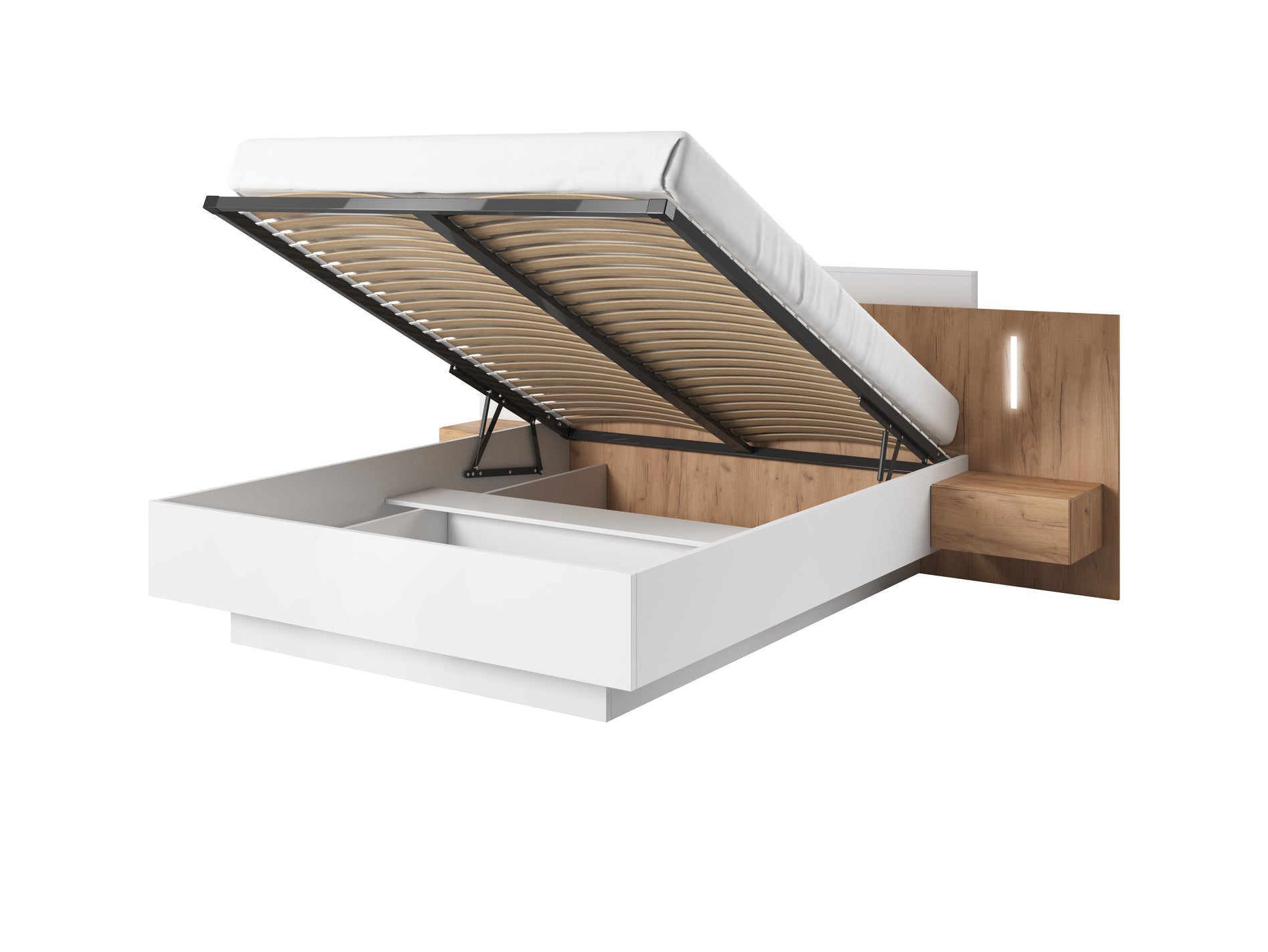 Lask 3D – Bett mit Nachttischen | Weiß &amp; Craft Oak