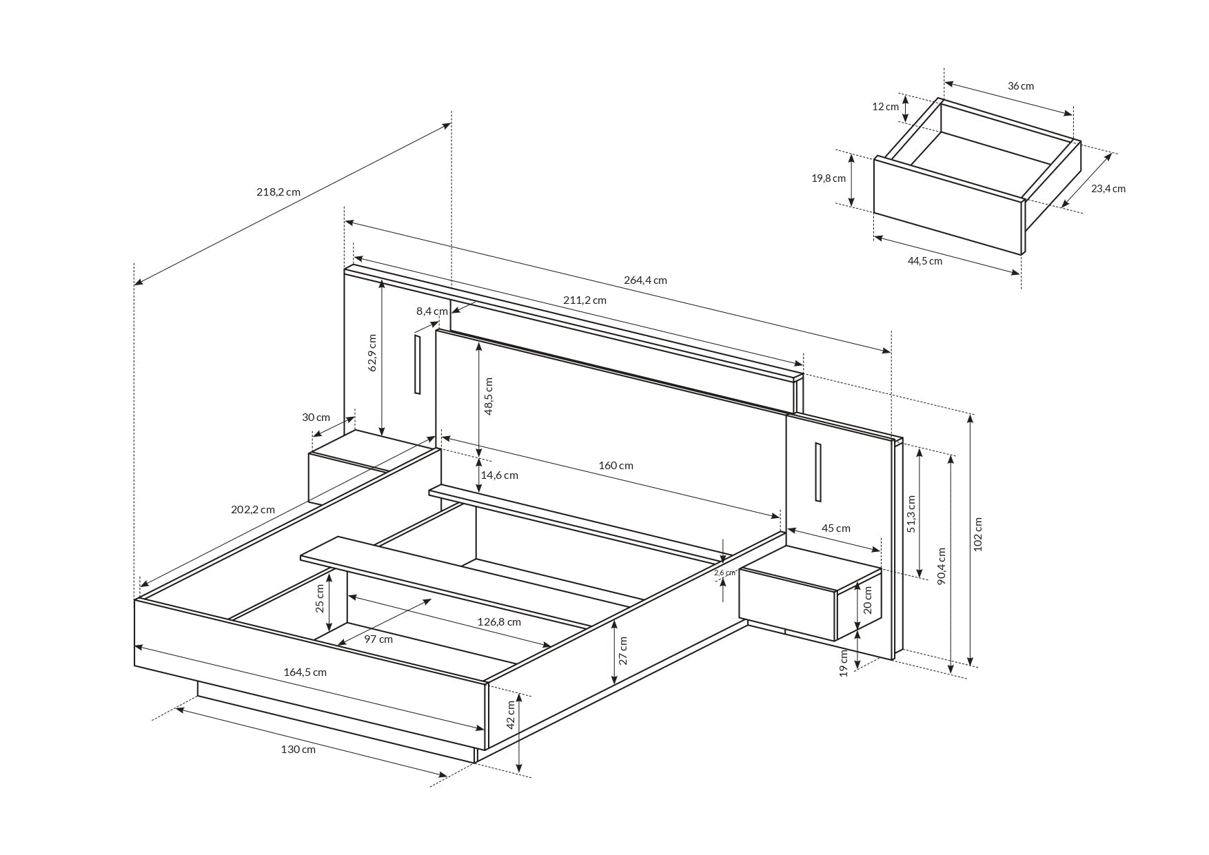 Lask 3D – Bett mit Nachttischen | Weiß &amp; Craft Oak