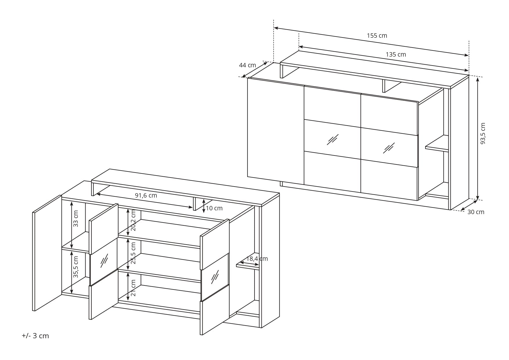 Lask ALVA Sideboard - 155 x 30–44 x 93,5 cm - Weiß
