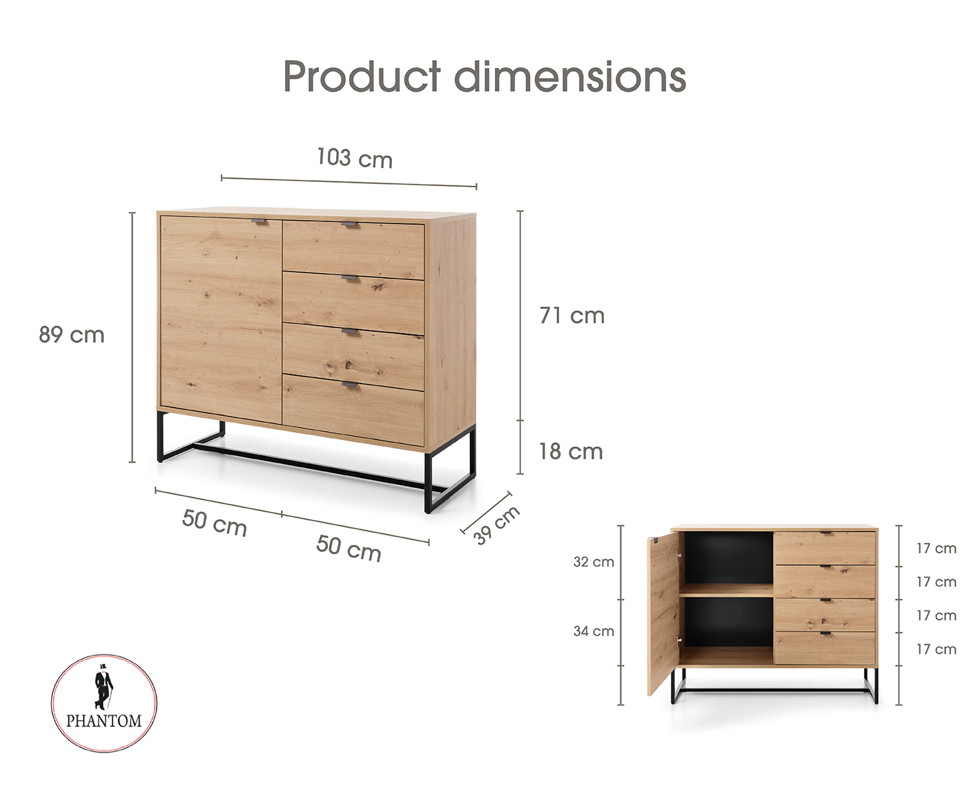 Amber Dresser 103 - Kommode mit einer Tür und drei Schubladen
