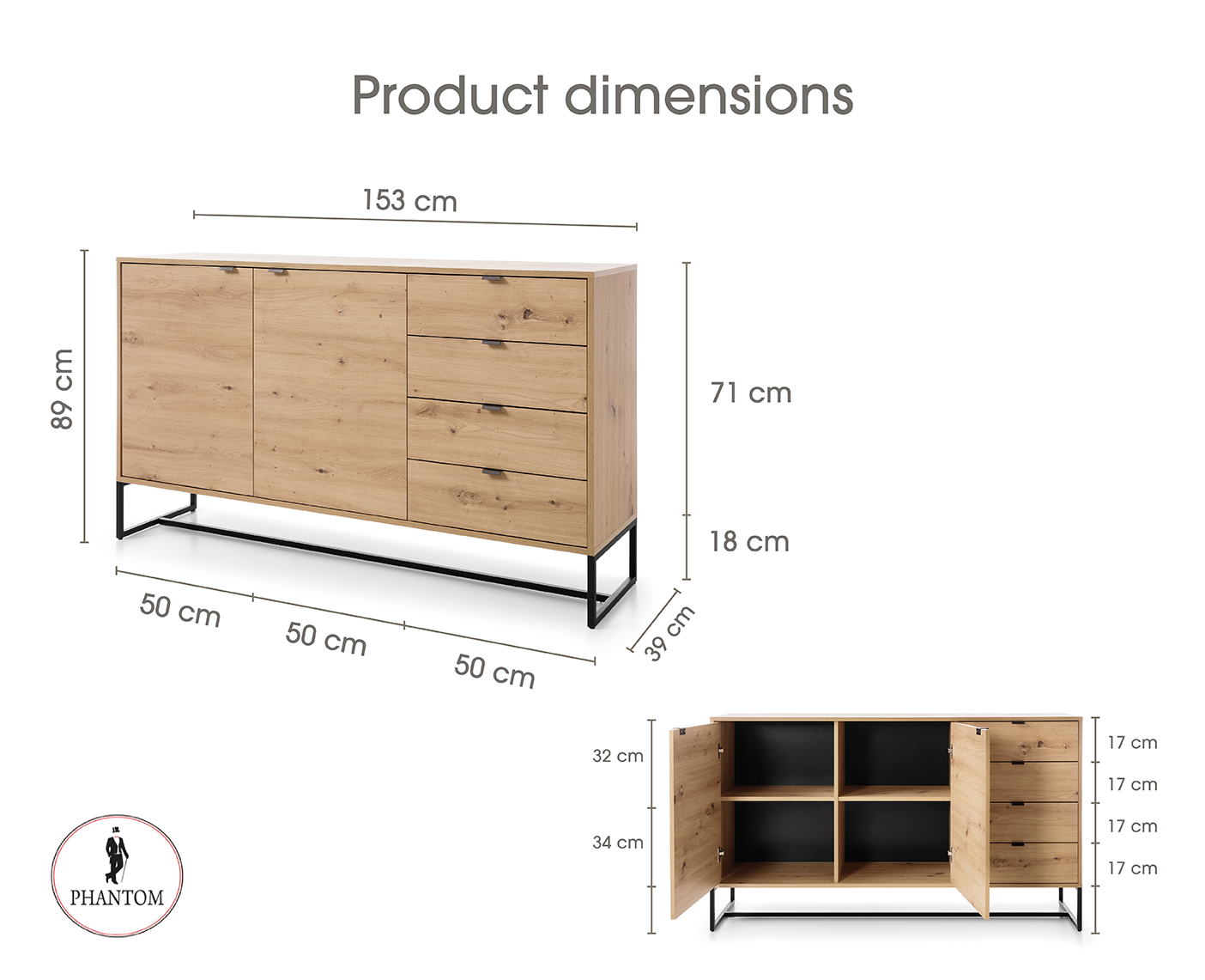 Amber Dresser 153 - Kommode mit zwei Türen und drei Schubladen