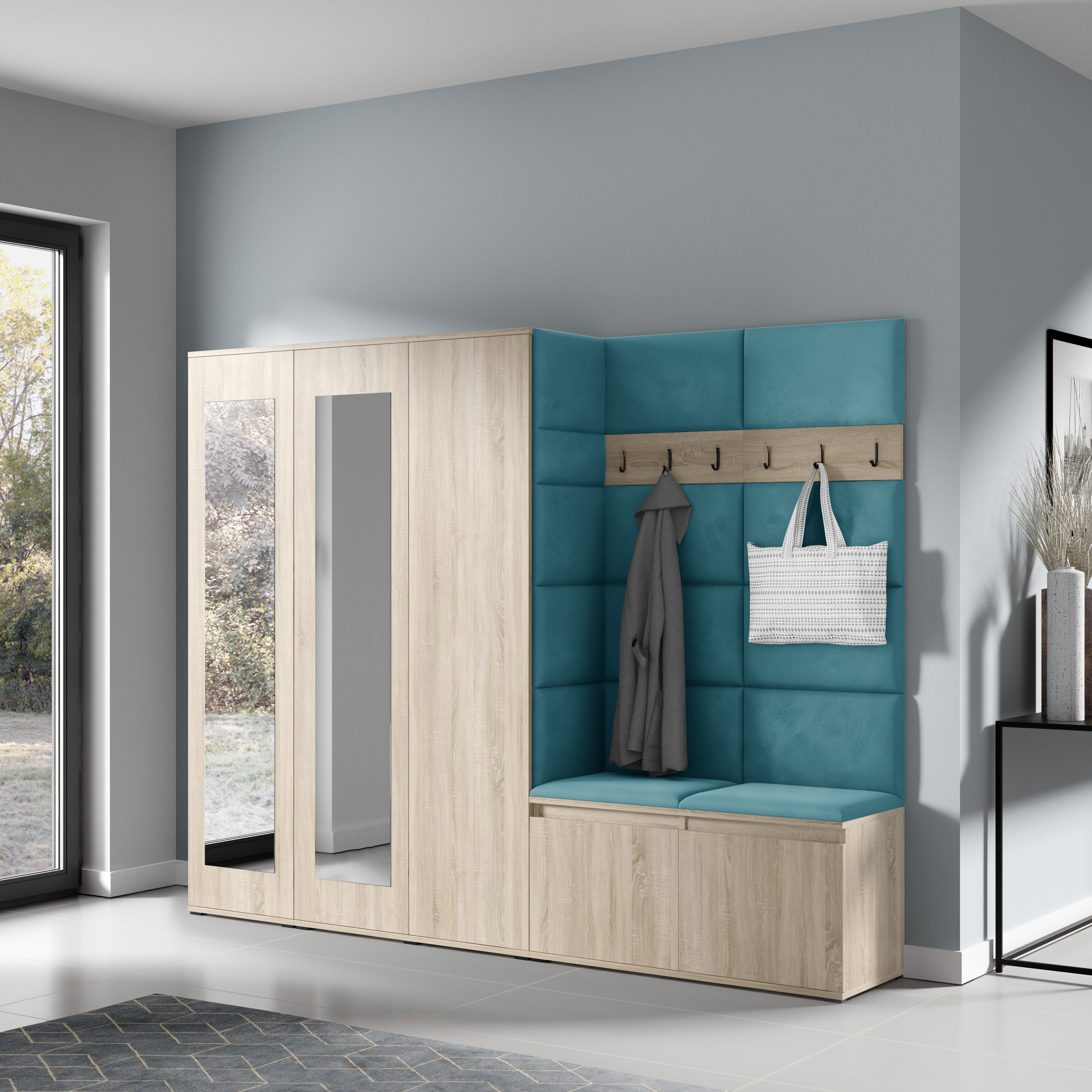 PK Emi 15 Flurgarderobe Sonoma Eiche - Polsterpaneele in verschiedenen Farben