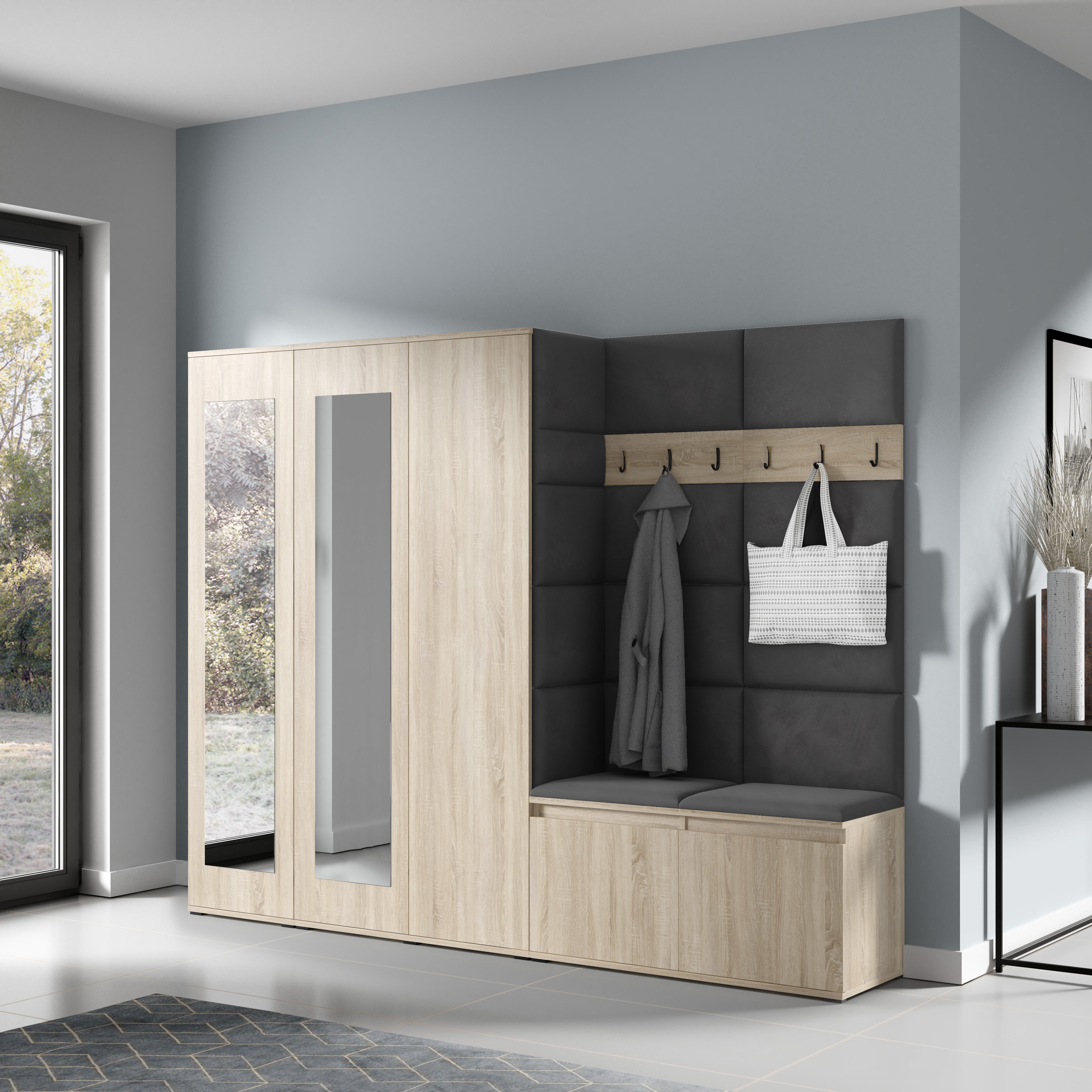 PK Emi 15 Flurgarderobe Sonoma Eiche - Polsterpaneele in verschiedenen Farben
