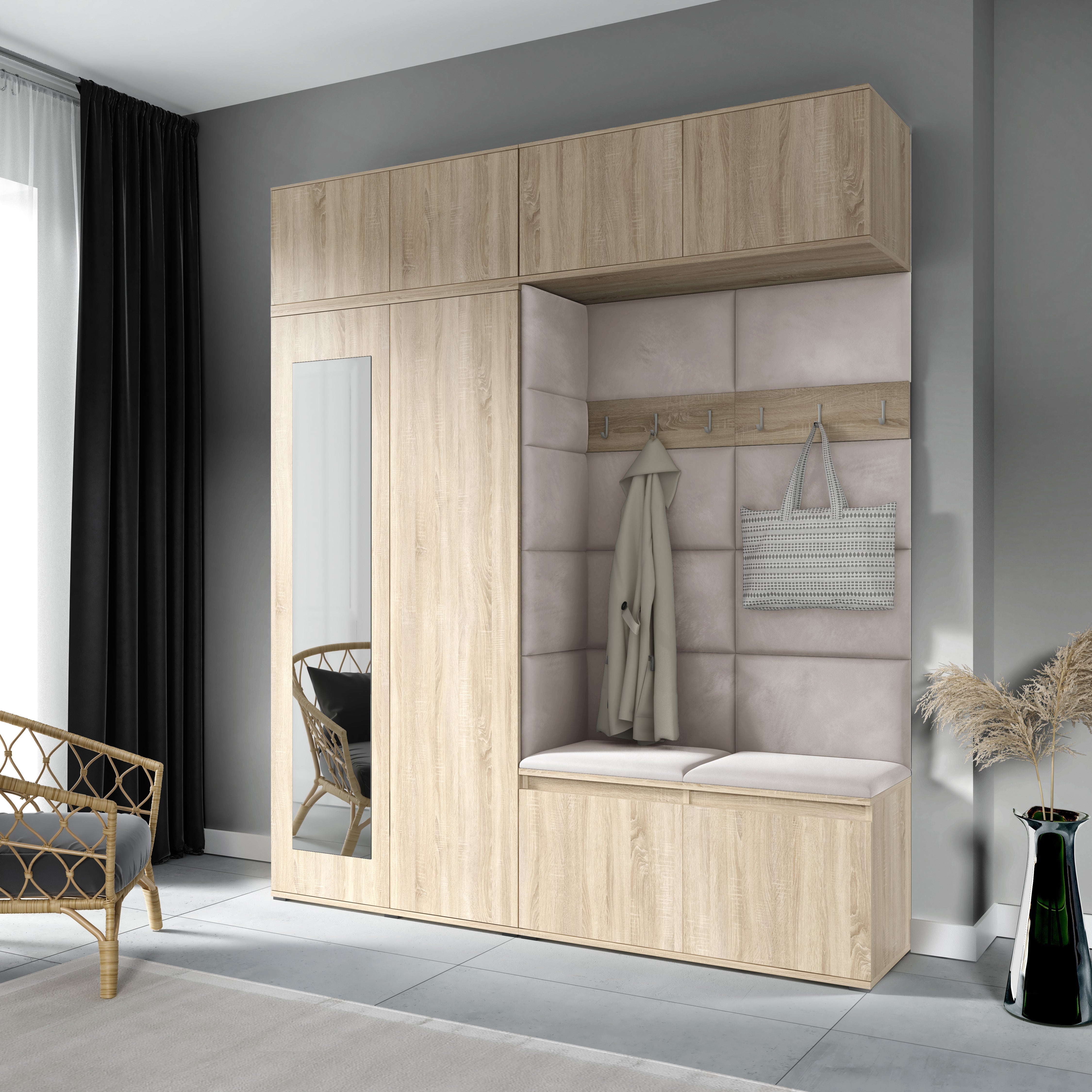 PK Emi 16 Flurgarderobe Sonoma Eiche - Polsterpaneele in verschiedenen Farben