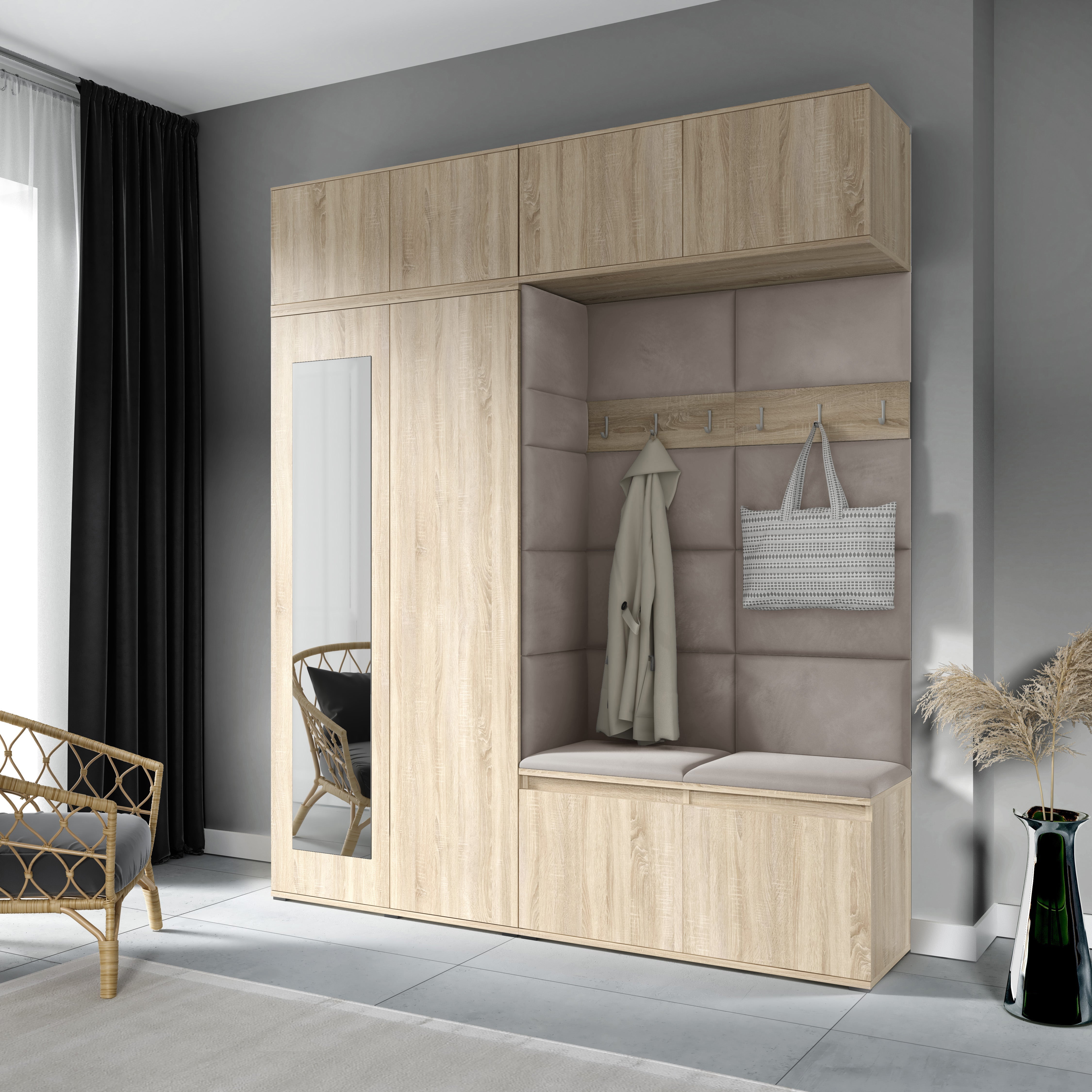 PK Emi 16 Flurgarderobe Sonoma Eiche - Polsterpaneele in verschiedenen Farben