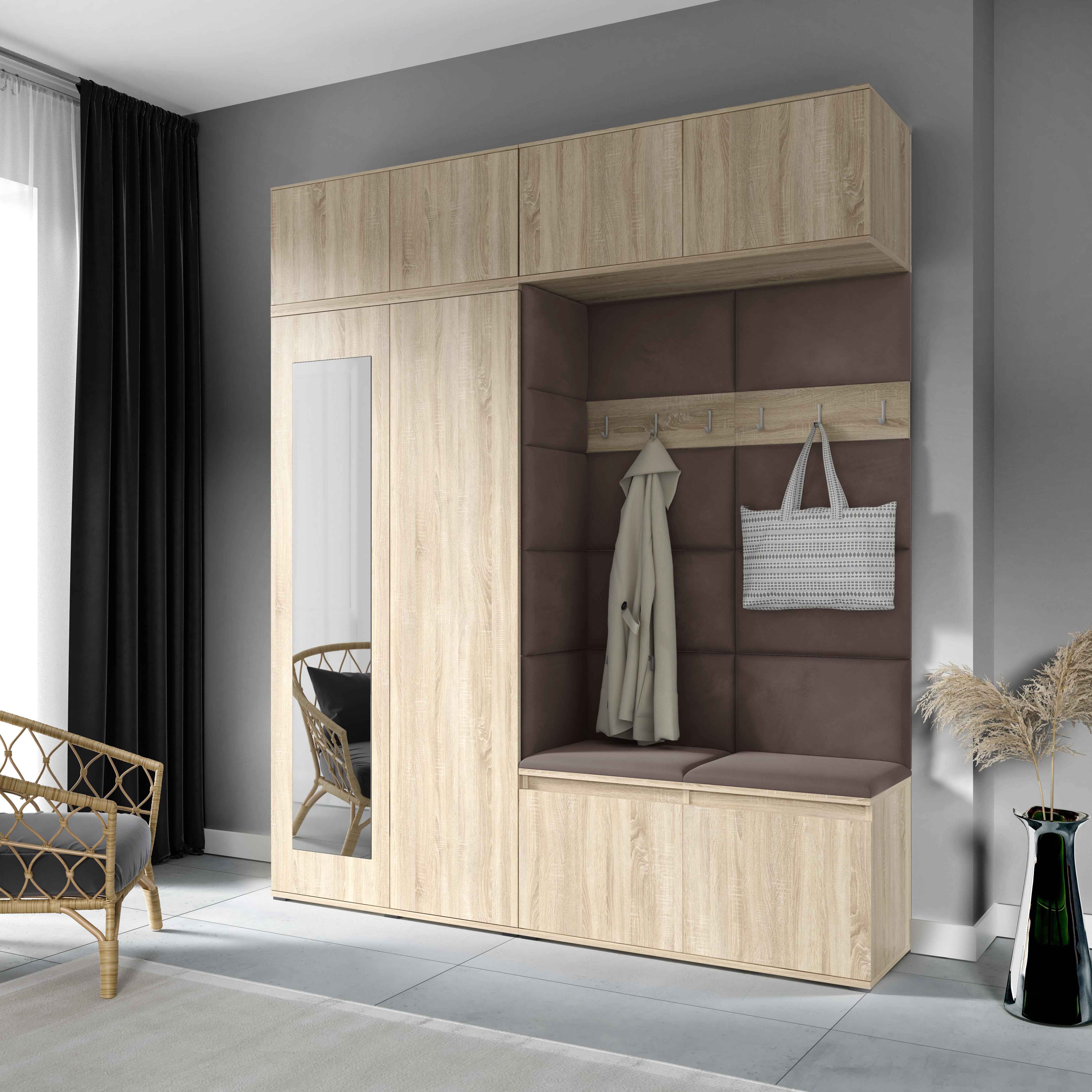 PK Emi 16 Flurgarderobe Sonoma Eiche - Polsterpaneele in verschiedenen Farben