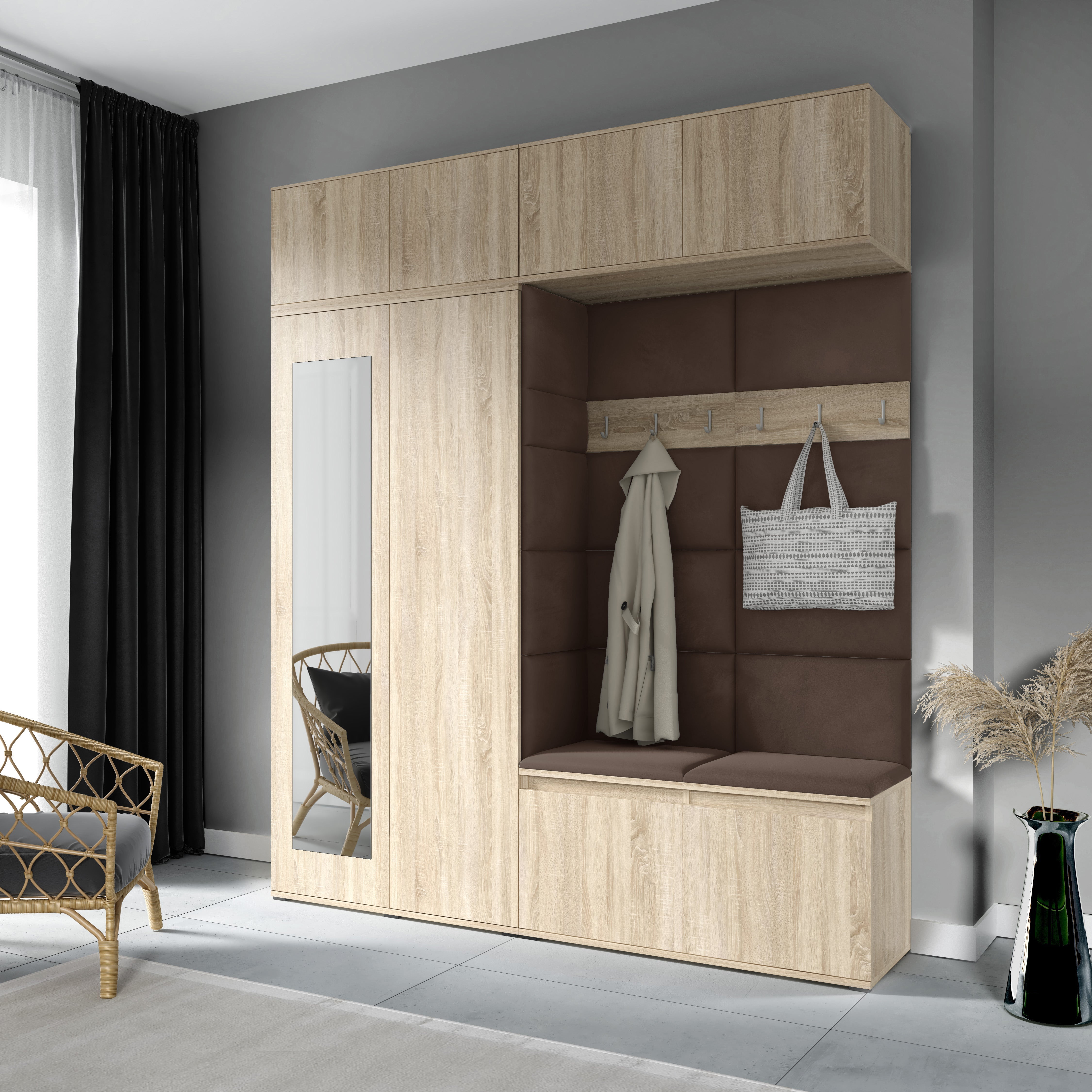 PK Emi 16 Flurgarderobe Sonoma Eiche - Polsterpaneele in verschiedenen Farben