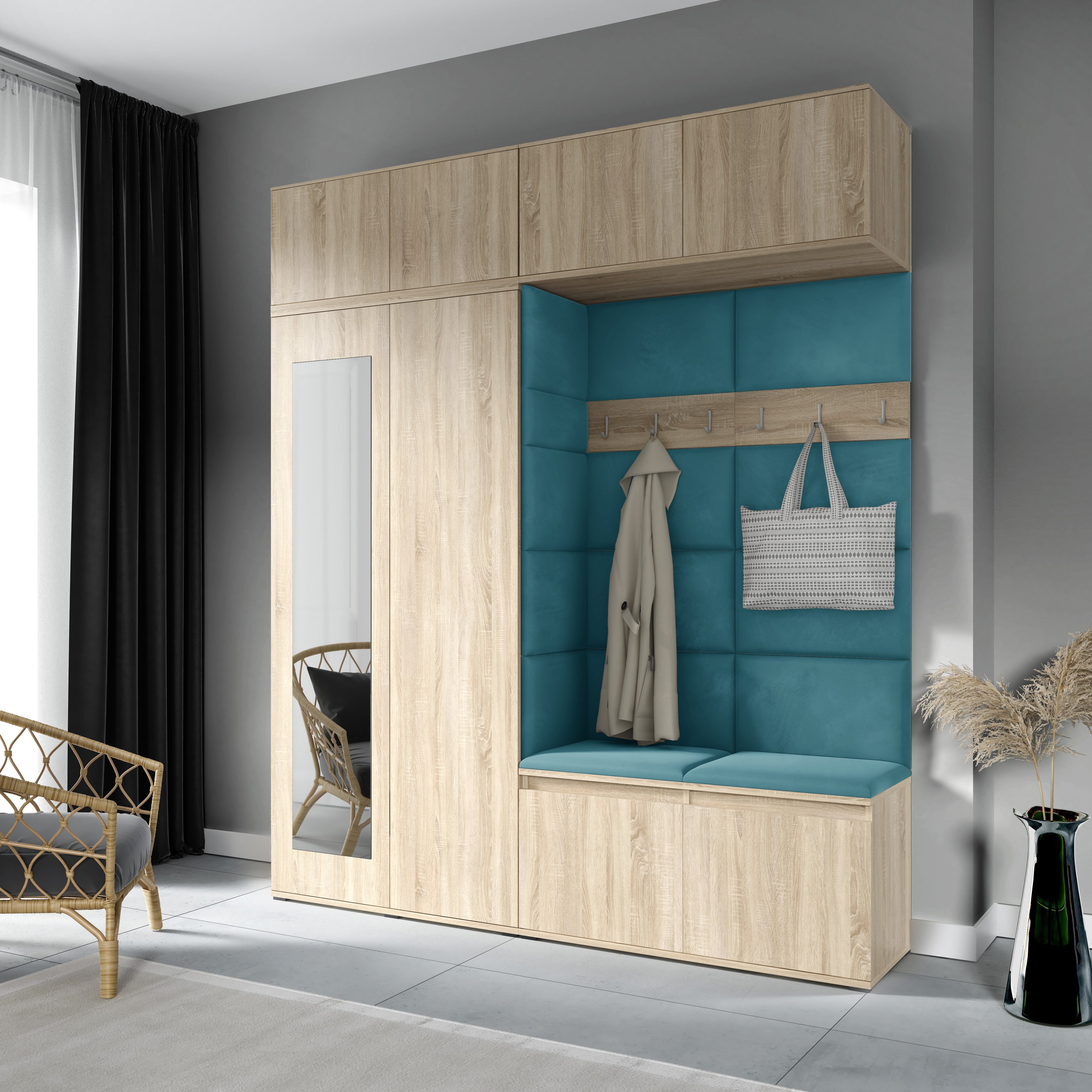 PK Emi 16 Flurgarderobe Sonoma Eiche - Polsterpaneele in verschiedenen Farben
