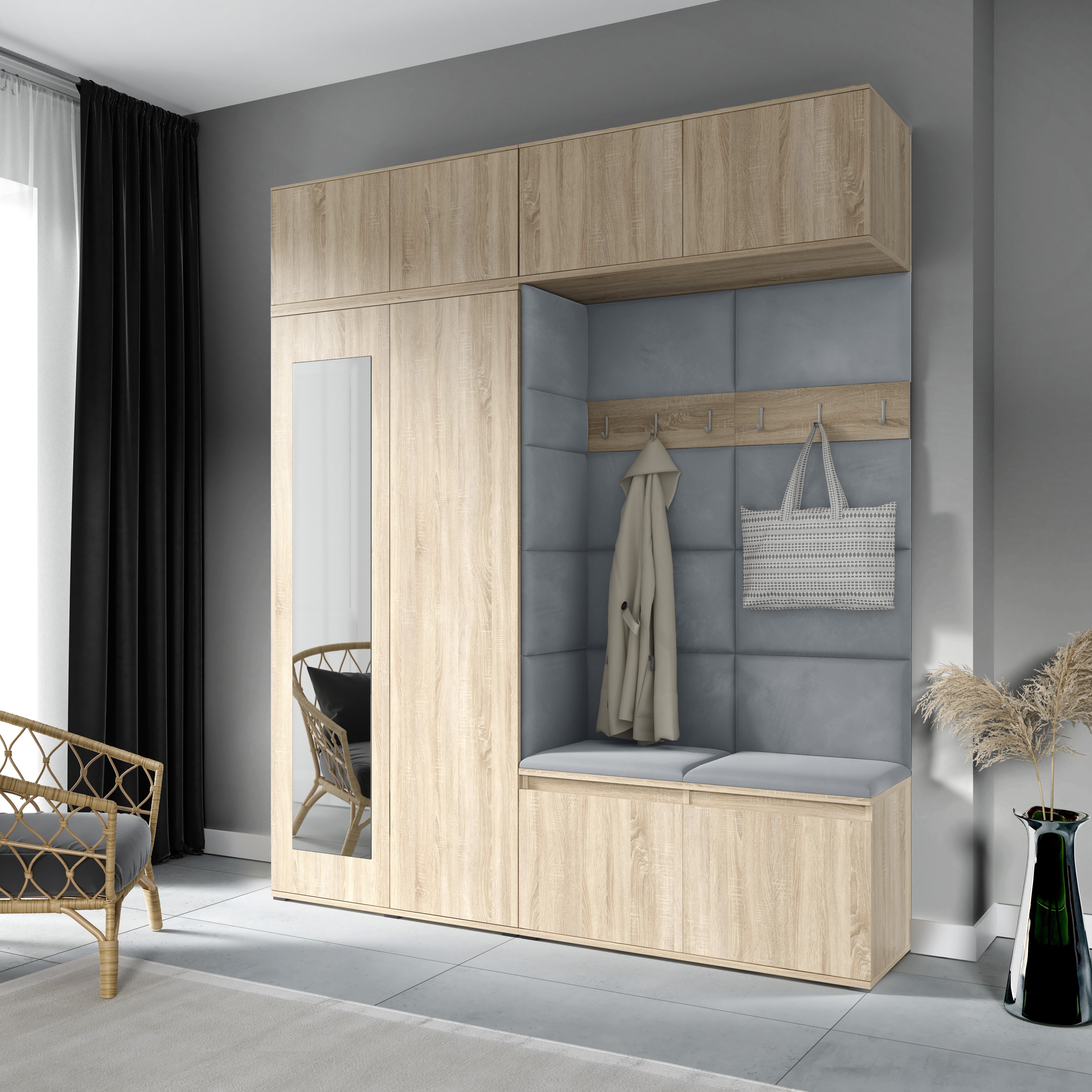 PK Emi 16 Flurgarderobe Sonoma Eiche - Polsterpaneele in verschiedenen Farben