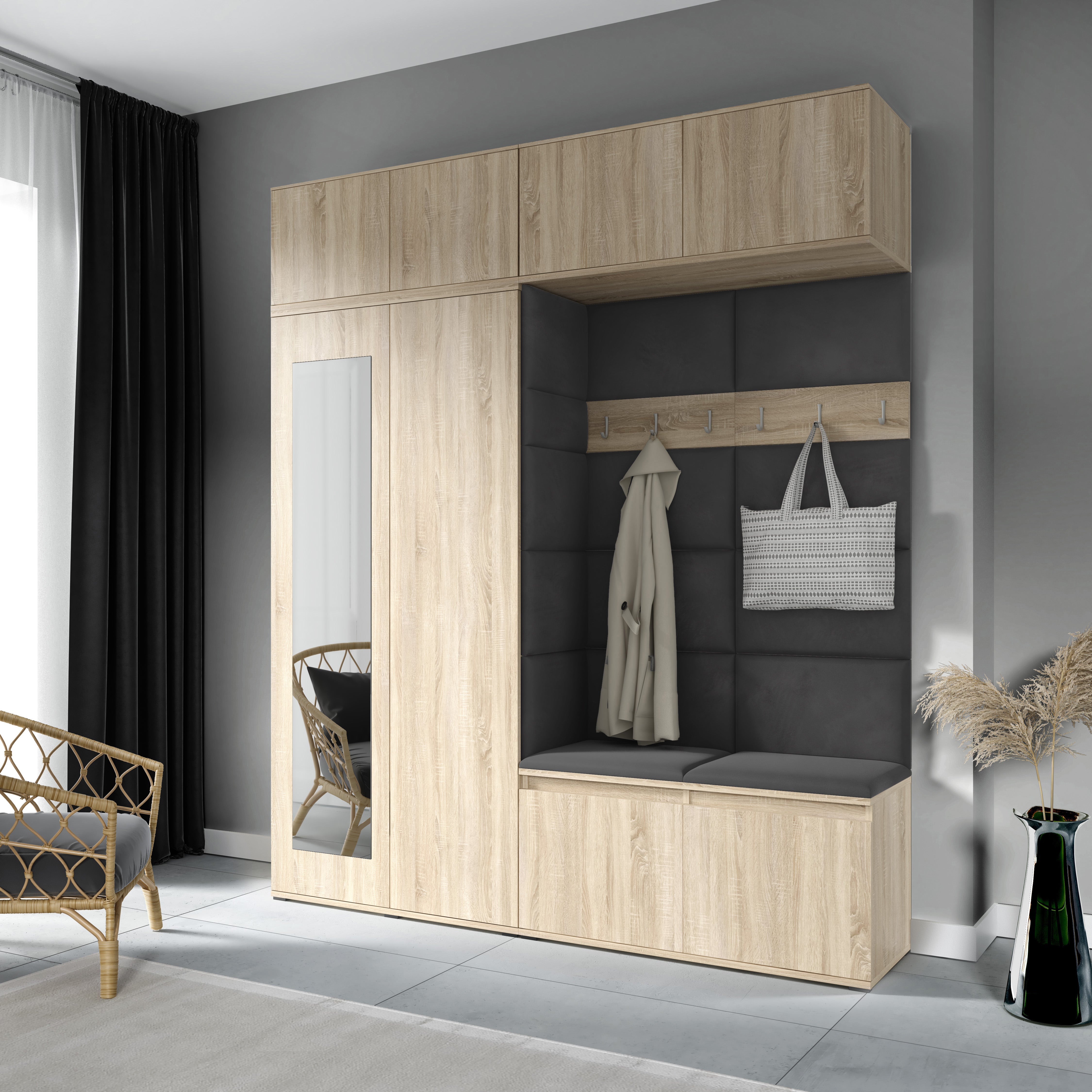 PK Emi 16 Flurgarderobe Sonoma Eiche - Polsterpaneele in verschiedenen Farben