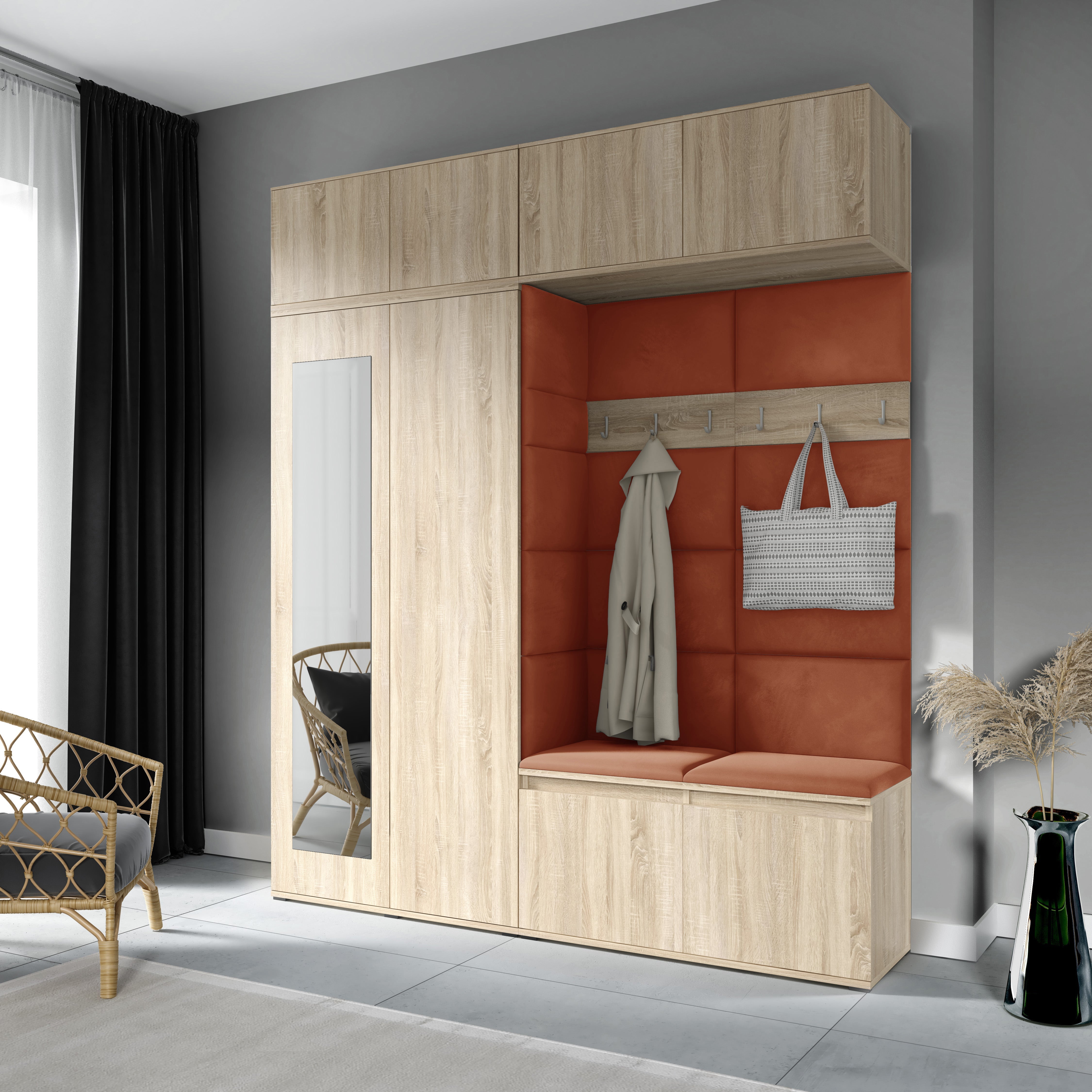 PK Emi 16 Flurgarderobe Sonoma Eiche - Polsterpaneele in verschiedenen Farben