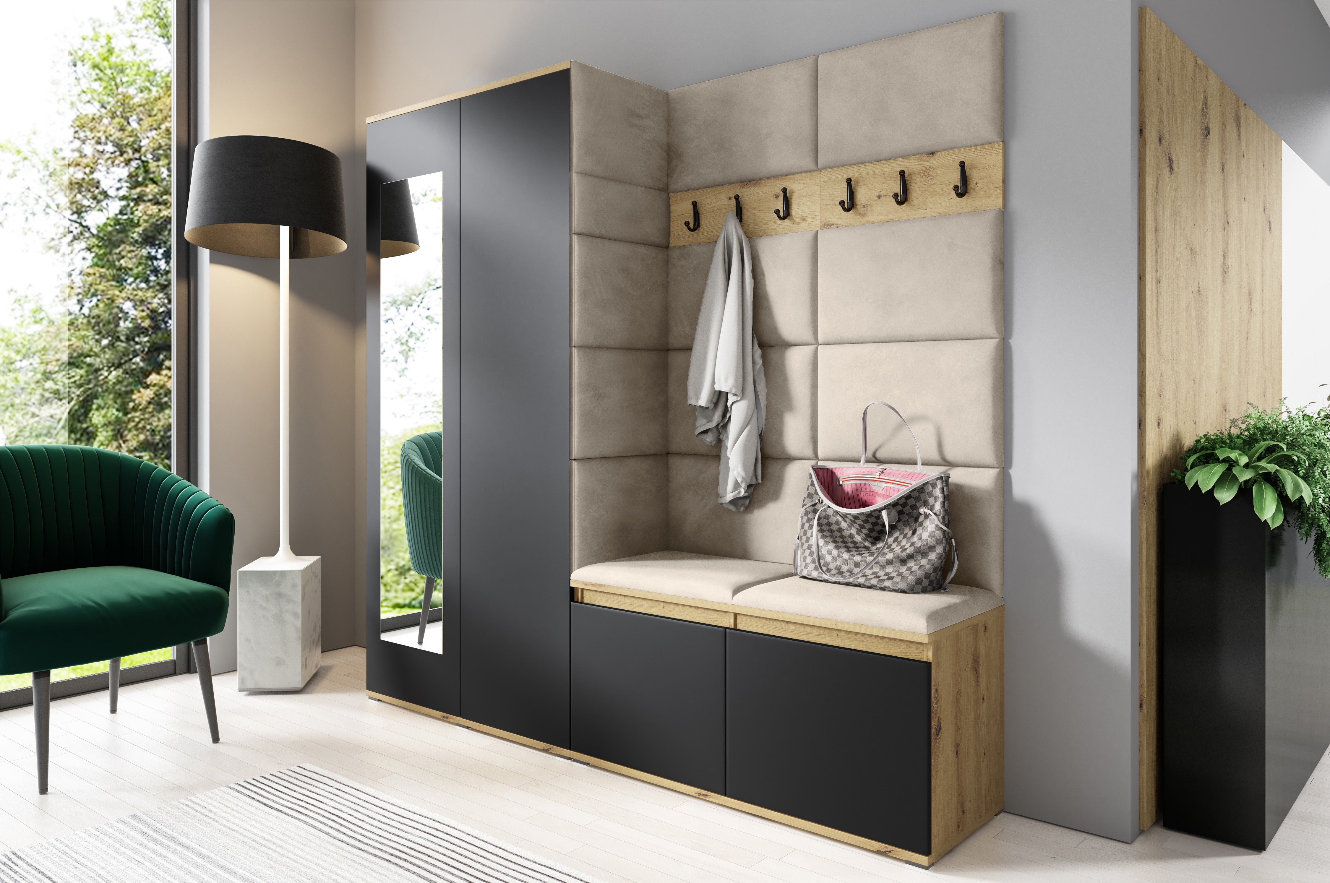PK Emi 8 Hallway Wardrobe Artisan Oak / Black - Upholstered Panels in Various Colours