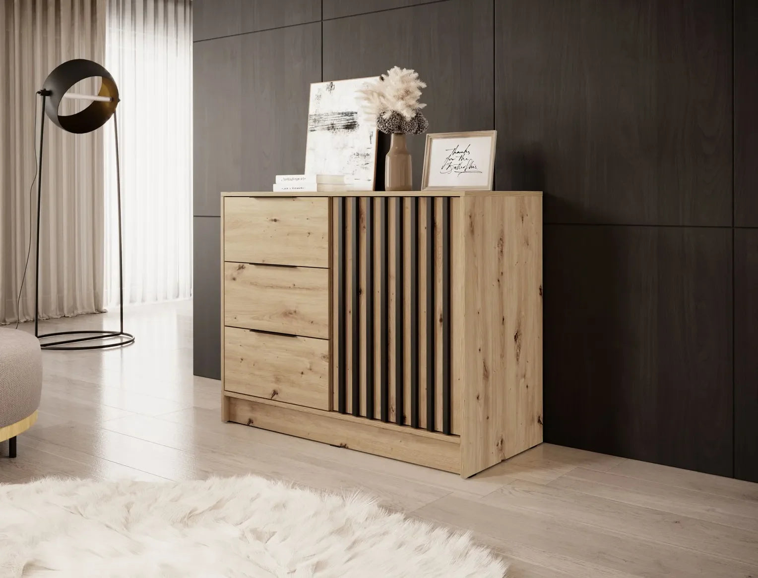 Nelly K2 Kommode – Artisan Eiche / Schwarze Latten
