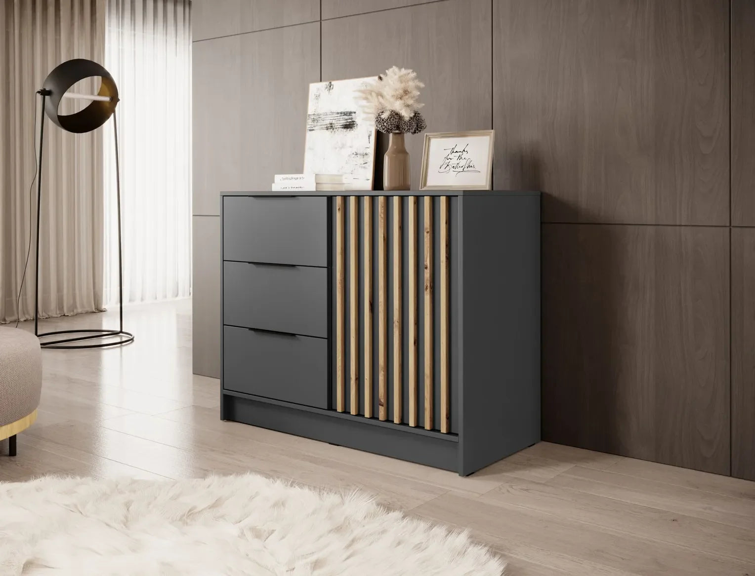 Nelly K2 Kommode – Graphit / Artisan-Lamellen