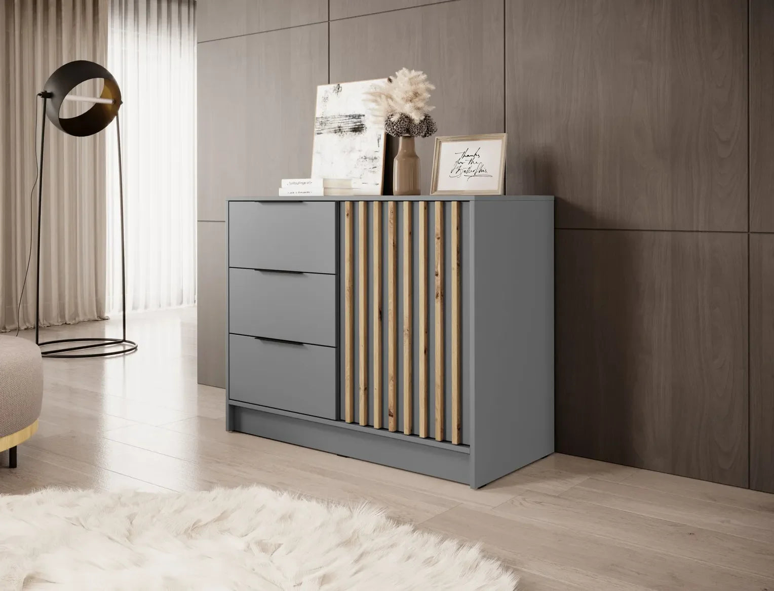 Nelly K2 Kommode – Grau / Artisan-Lamellen