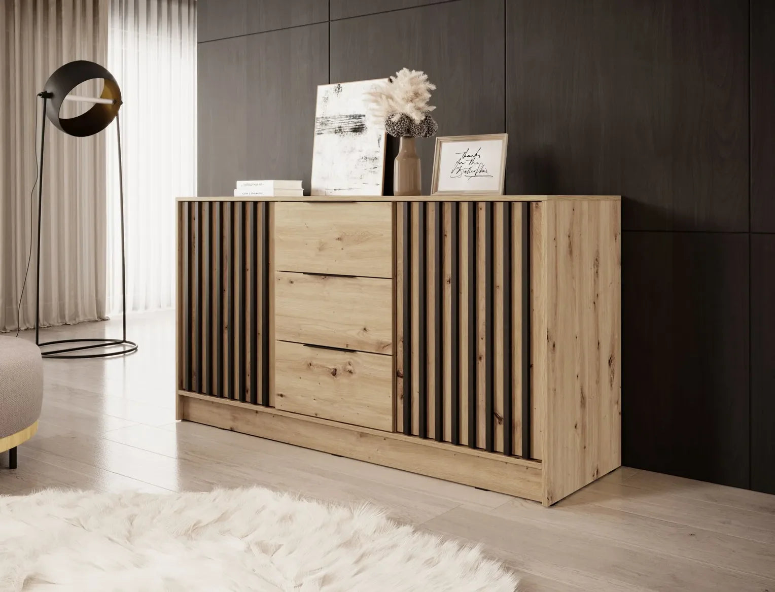 Nelly K3 Kommode – Artisan Eiche / Schwarze Latten