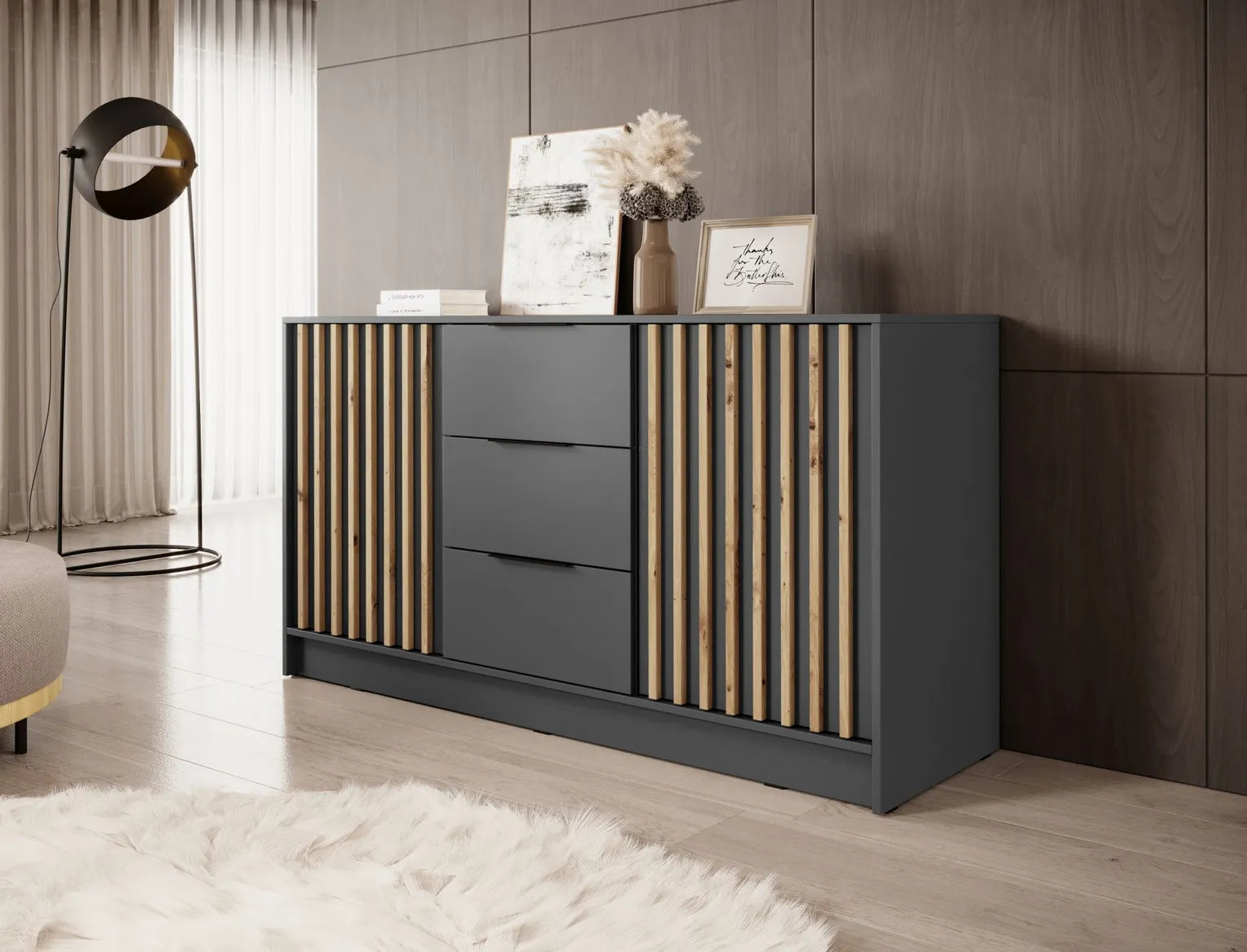 Nelly K3 Kommode – Graphit / Latten aus Artisan-Eiche