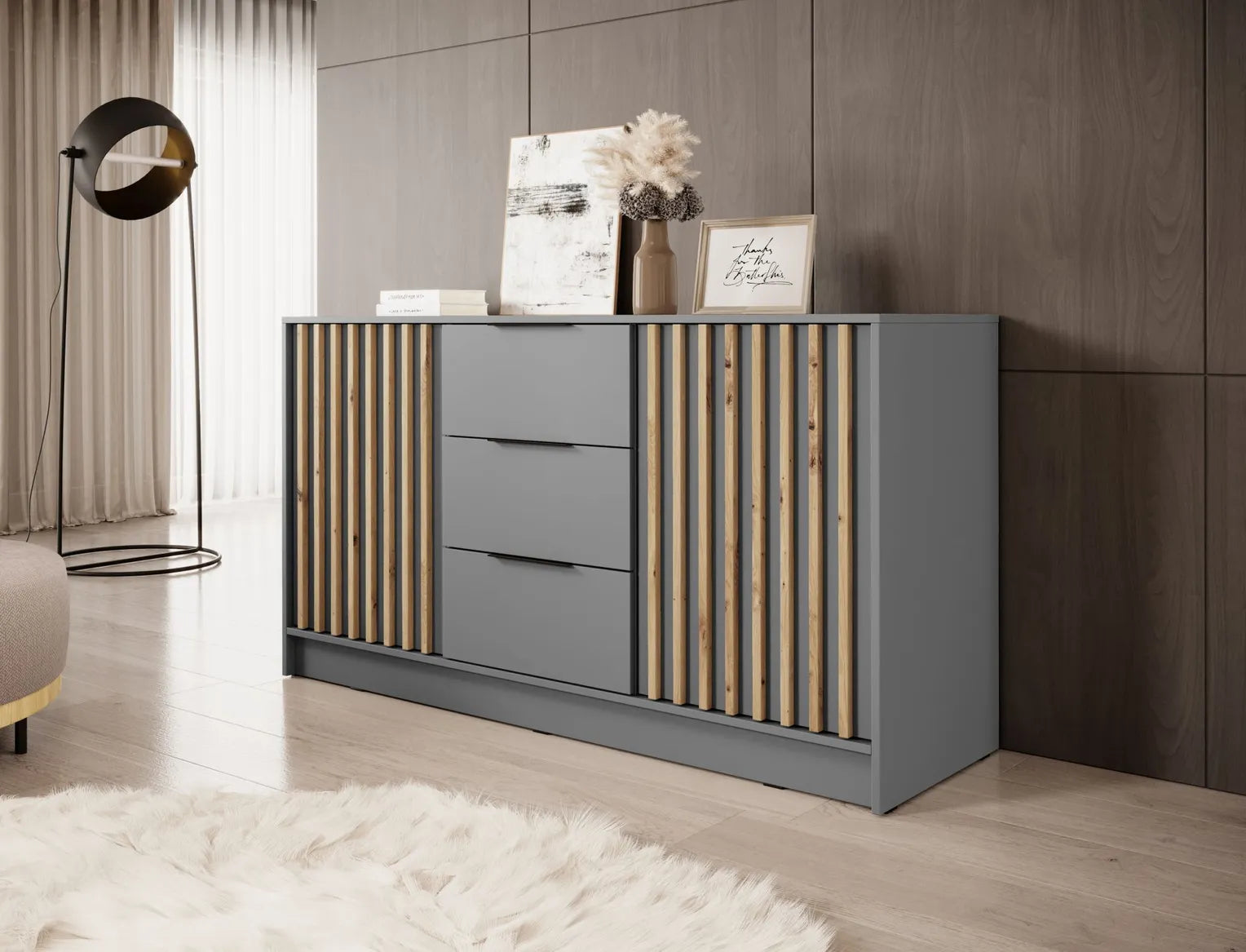 Nelly K3 Kommode – Grau / Latten aus Artisan-Eiche