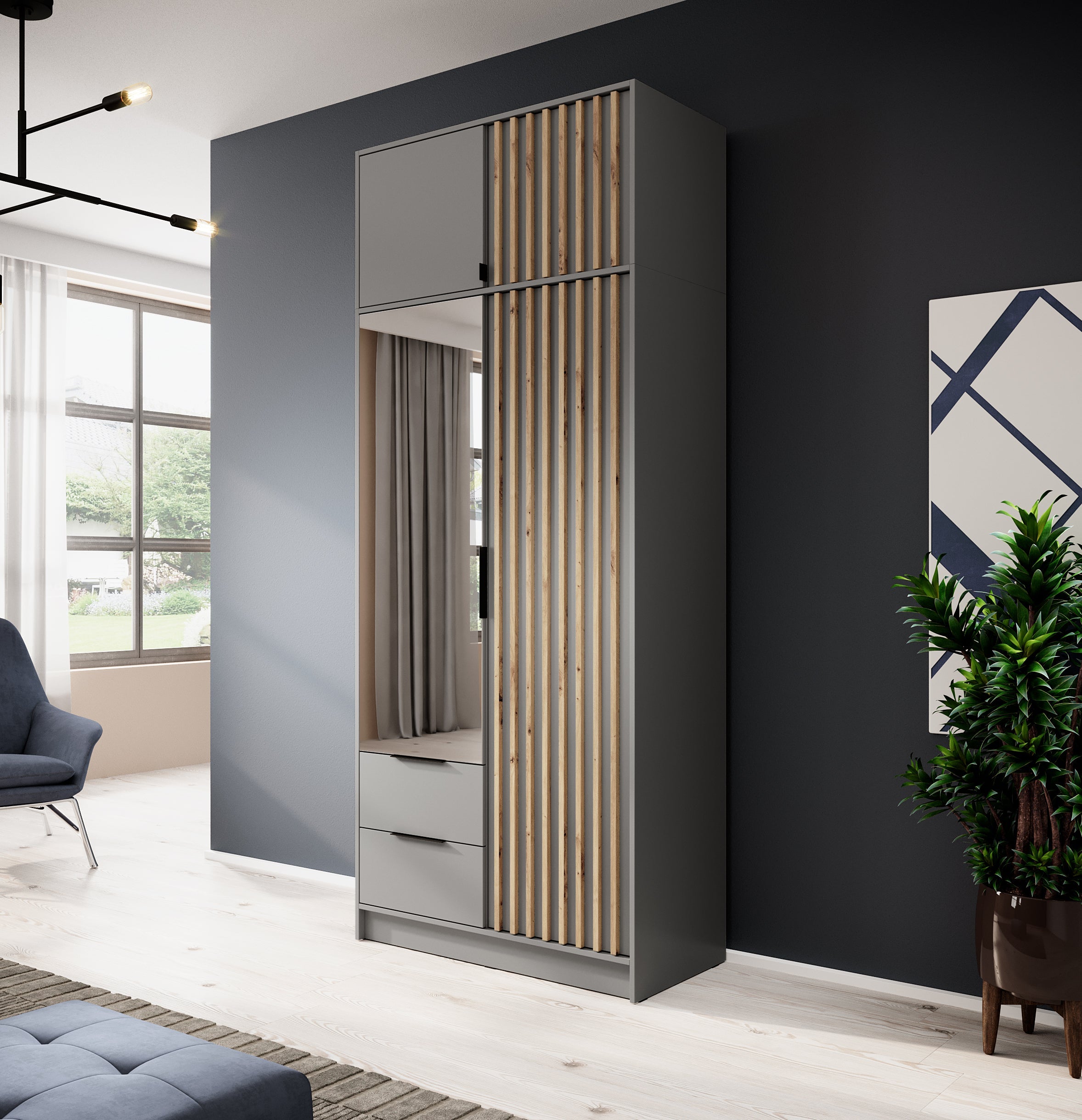 Nelly 2D Kleiderschrank - Kaschmir/Graphiteiche 105 cm mit Spiegel