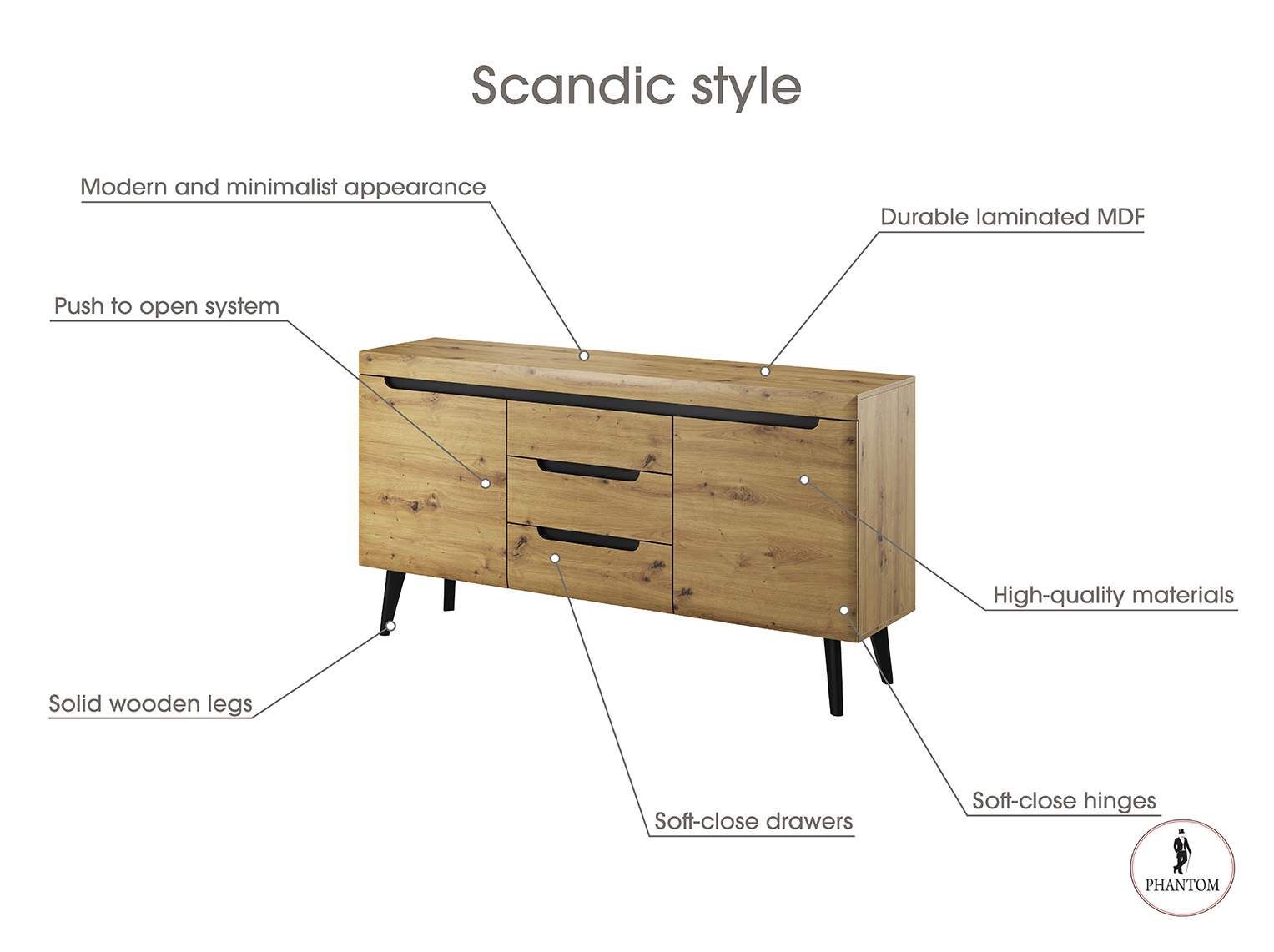 Nordi Chest of Drawers White - Scandic Style whit Two Push to Open System Doors and Three Drawers