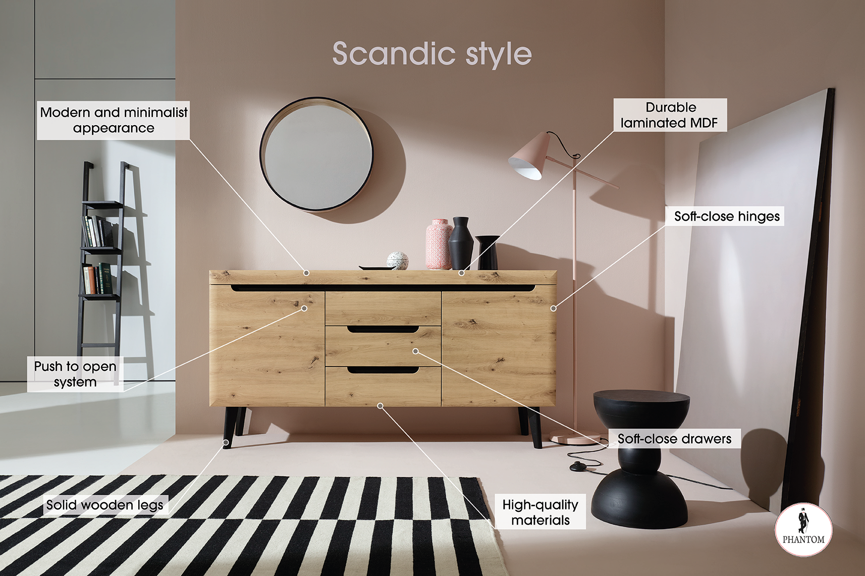 Nordi Chest of Drawers White - Scandic Style whit Two Push to Open System Doors and Three Drawers