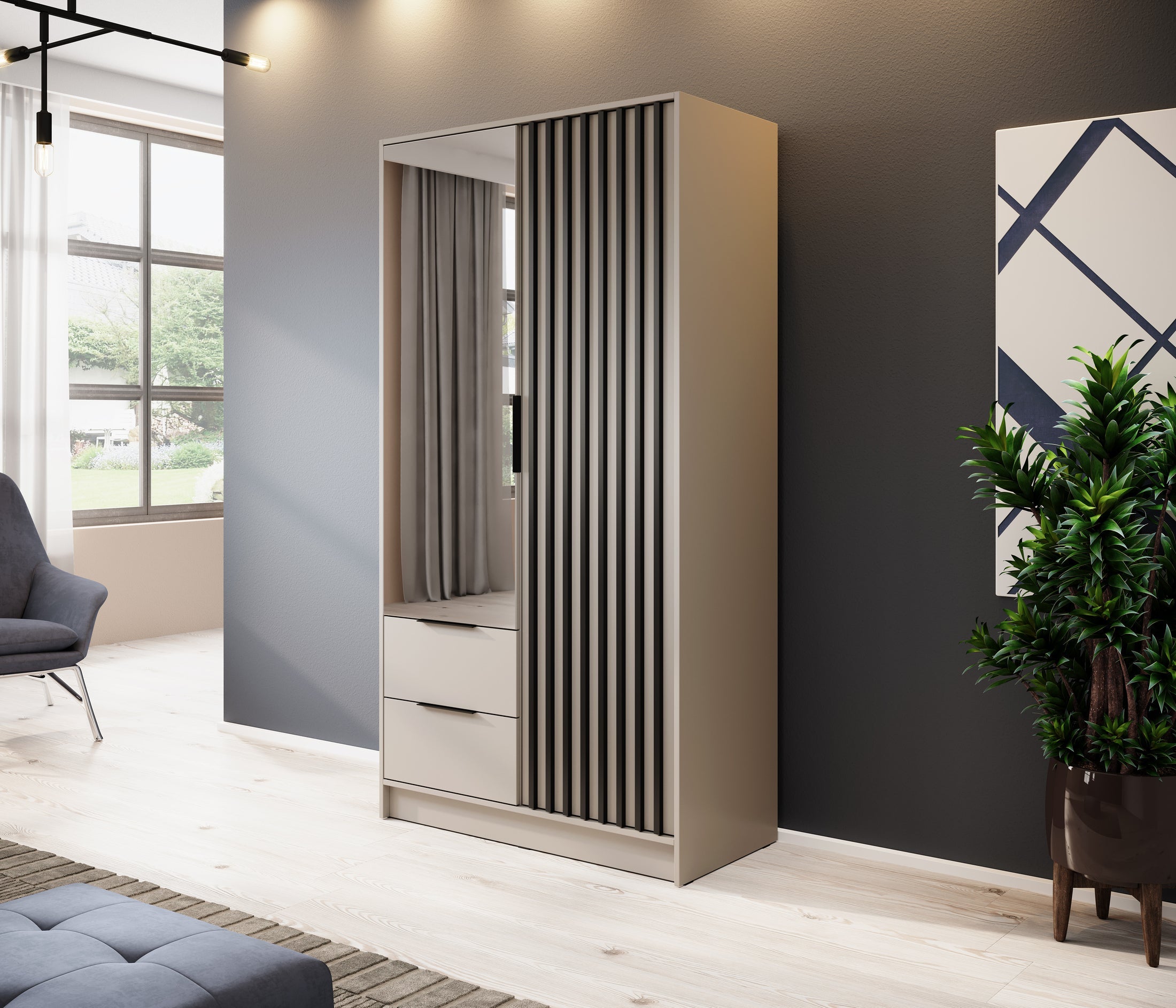 Nelly 2D Kleiderschrank - Kaschmir/Graphiteiche 105 cm mit Spiegel