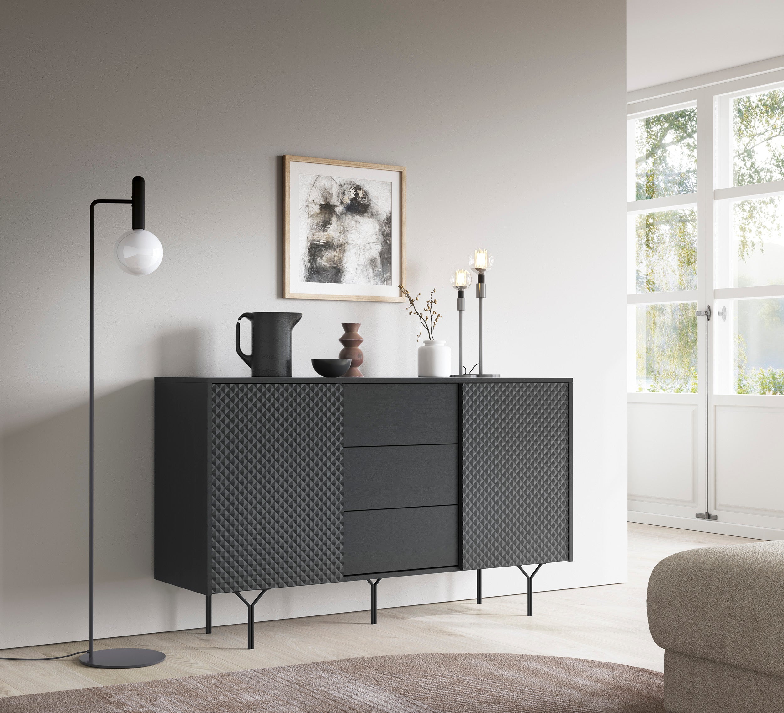 Kommode „Raven“ – Moderne Eleganz mit zwei Türen und drei Schubladen