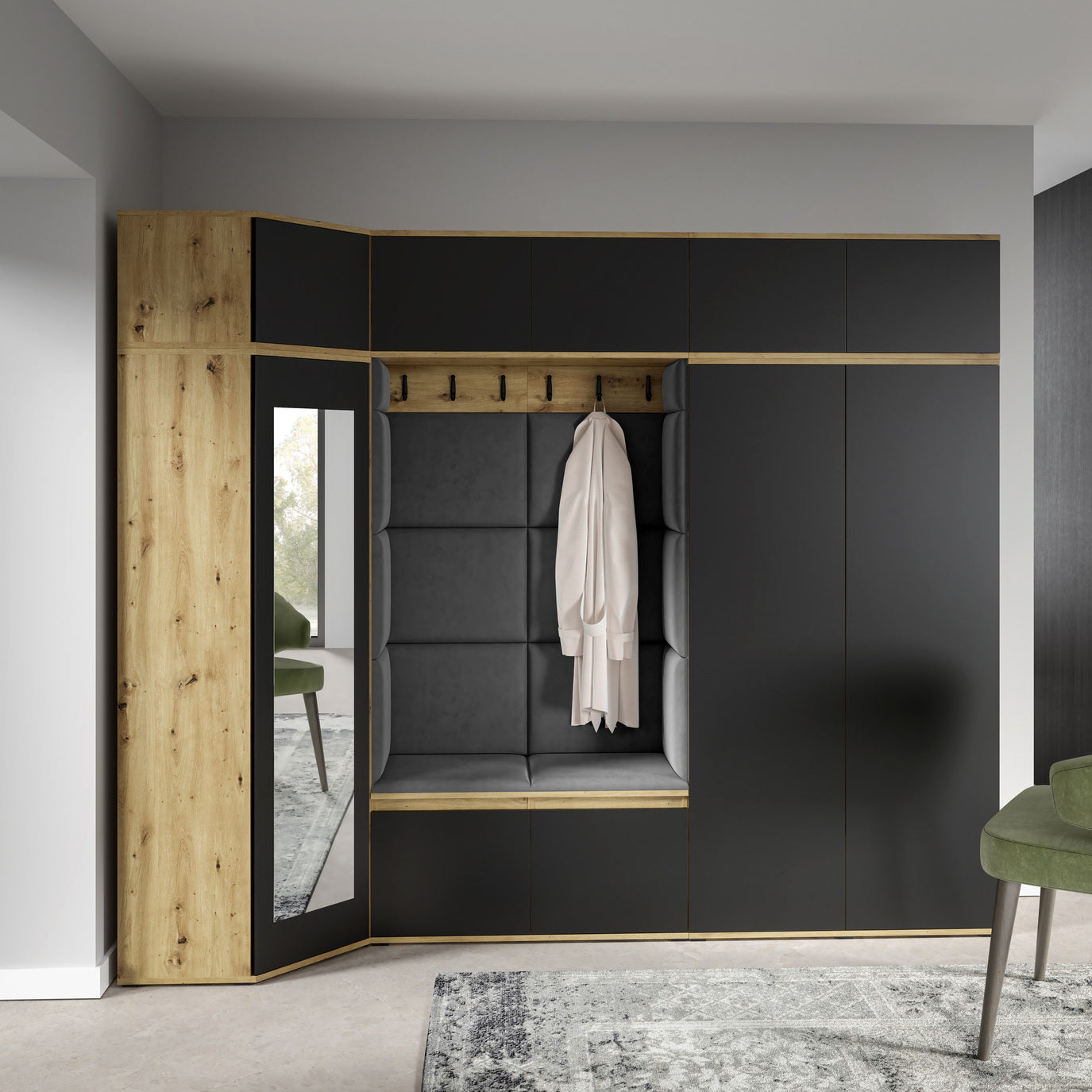 PK Emi 39 Flurgarderobe Artisan Eiche/Schwarz - Polsterpaneele in verschiedenen Farben