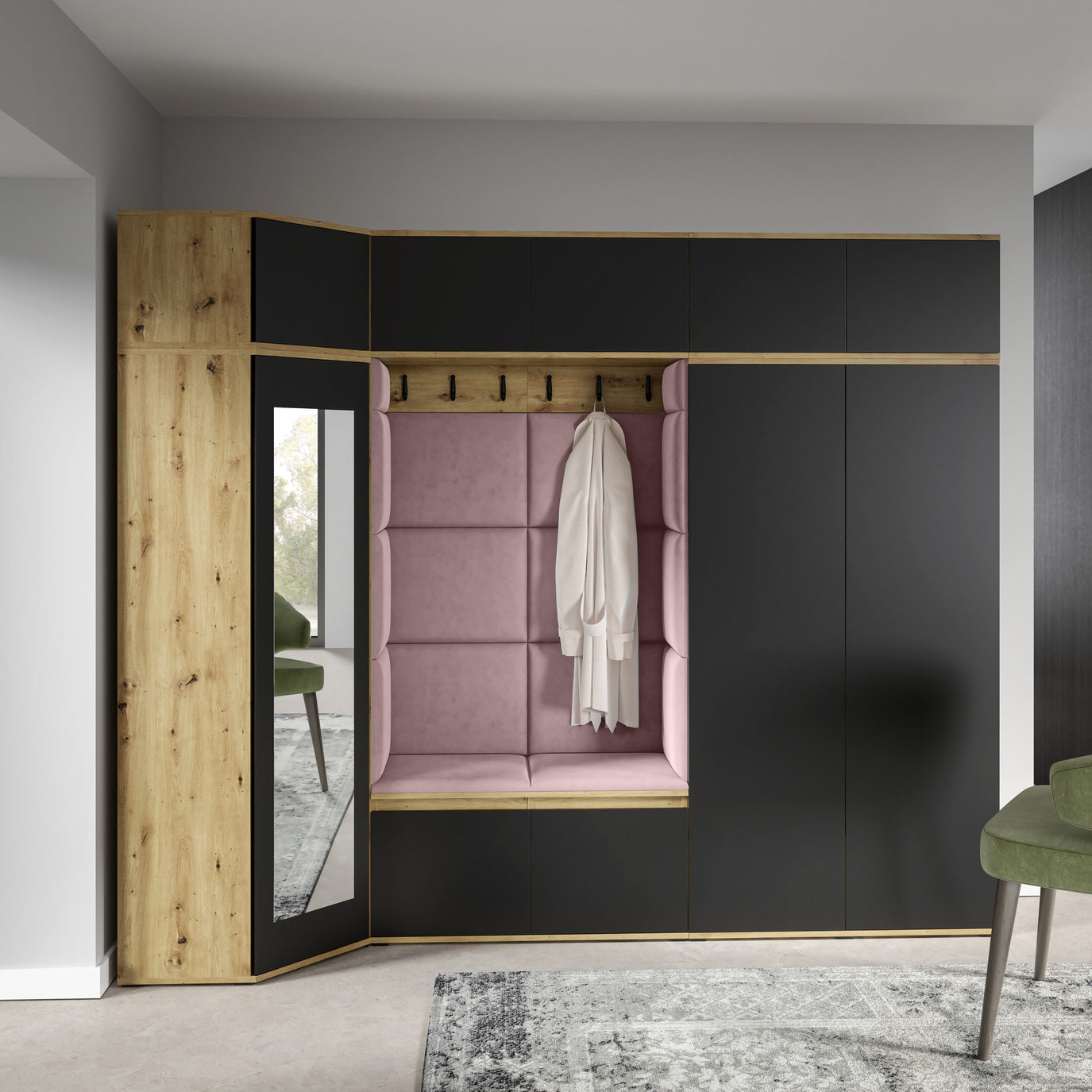PK Emi 39 Flurgarderobe Artisan Eiche/Schwarz - Polsterpaneele in verschiedenen Farben