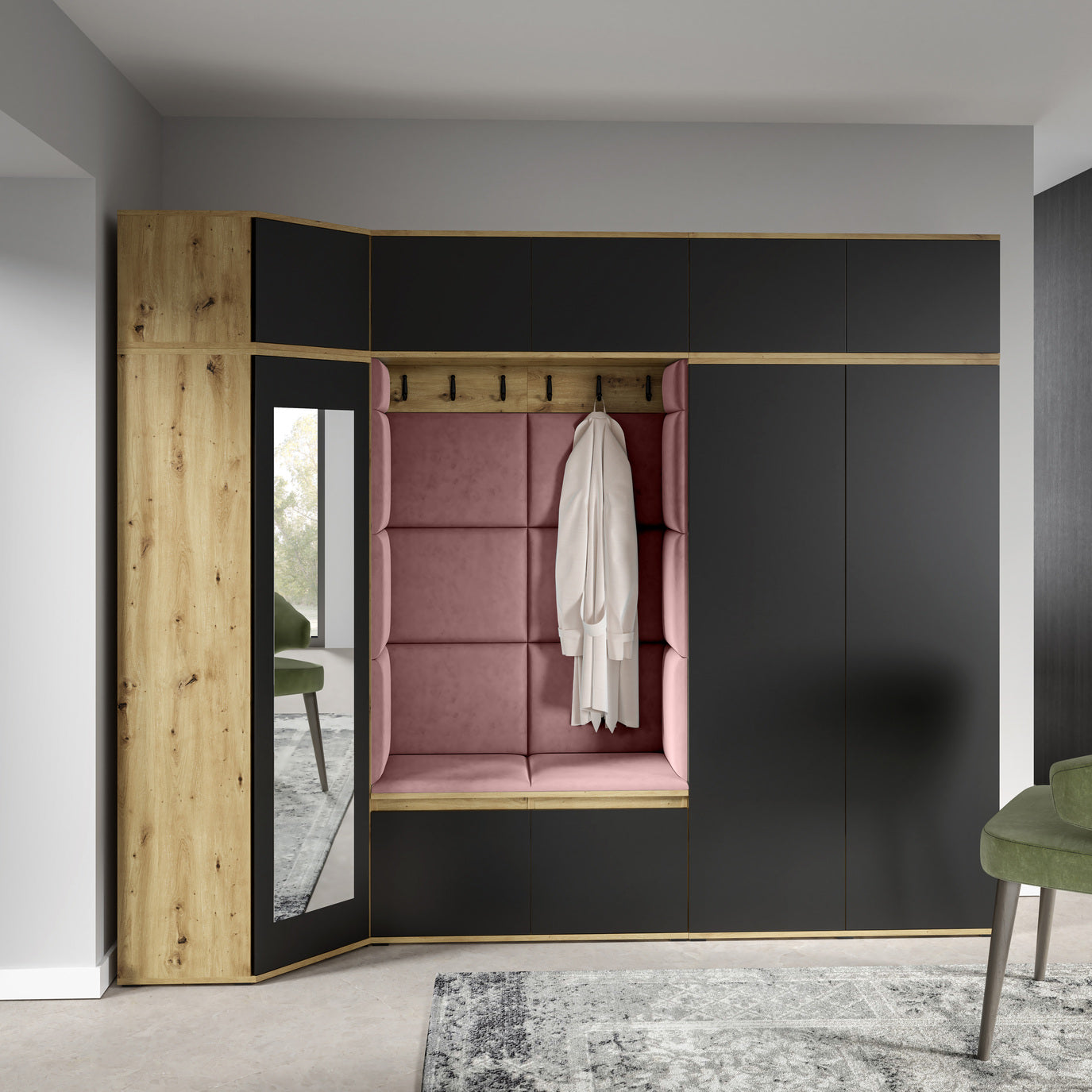PK Emi 39 Flurgarderobe Artisan Eiche/Schwarz - Polsterpaneele in verschiedenen Farben