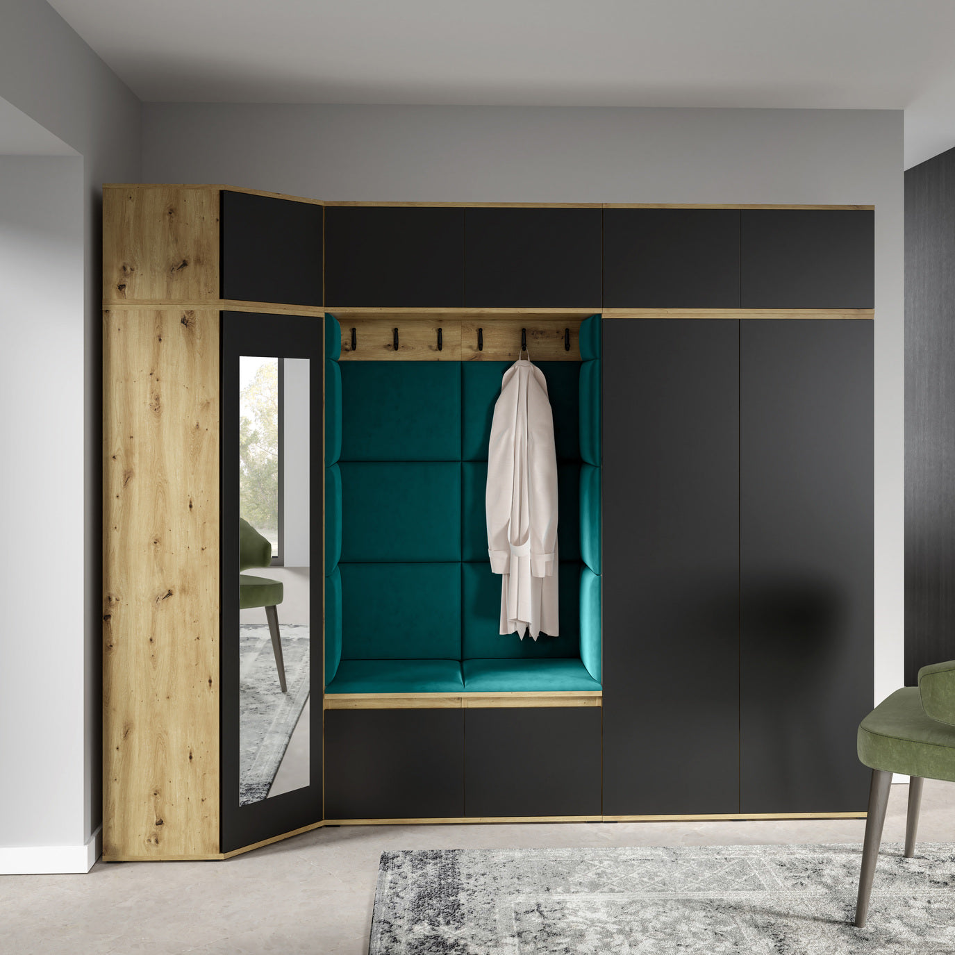 PK Emi 39 Flurgarderobe Artisan Eiche/Schwarz - Polsterpaneele in verschiedenen Farben