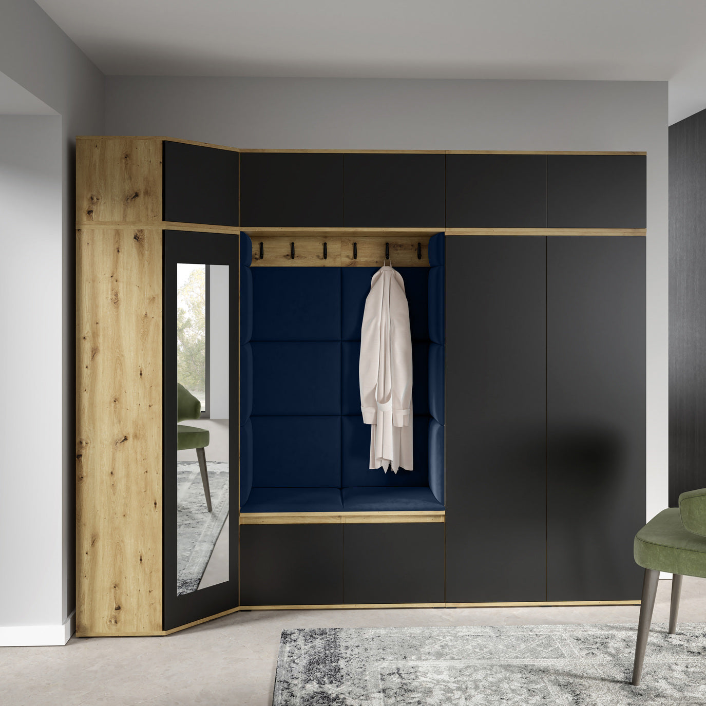 PK Emi 39 Flurgarderobe Artisan Eiche/Schwarz - Polsterpaneele in verschiedenen Farben