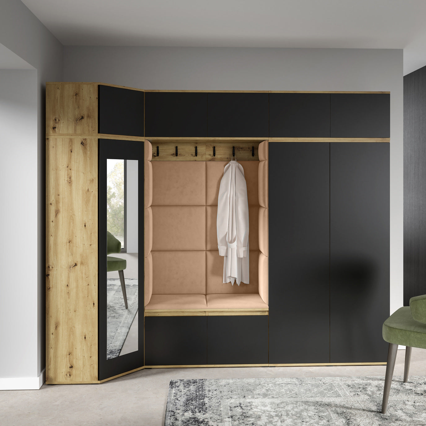 PK Emi 39 Flurgarderobe Artisan Eiche/Schwarz - Polsterpaneele in verschiedenen Farben