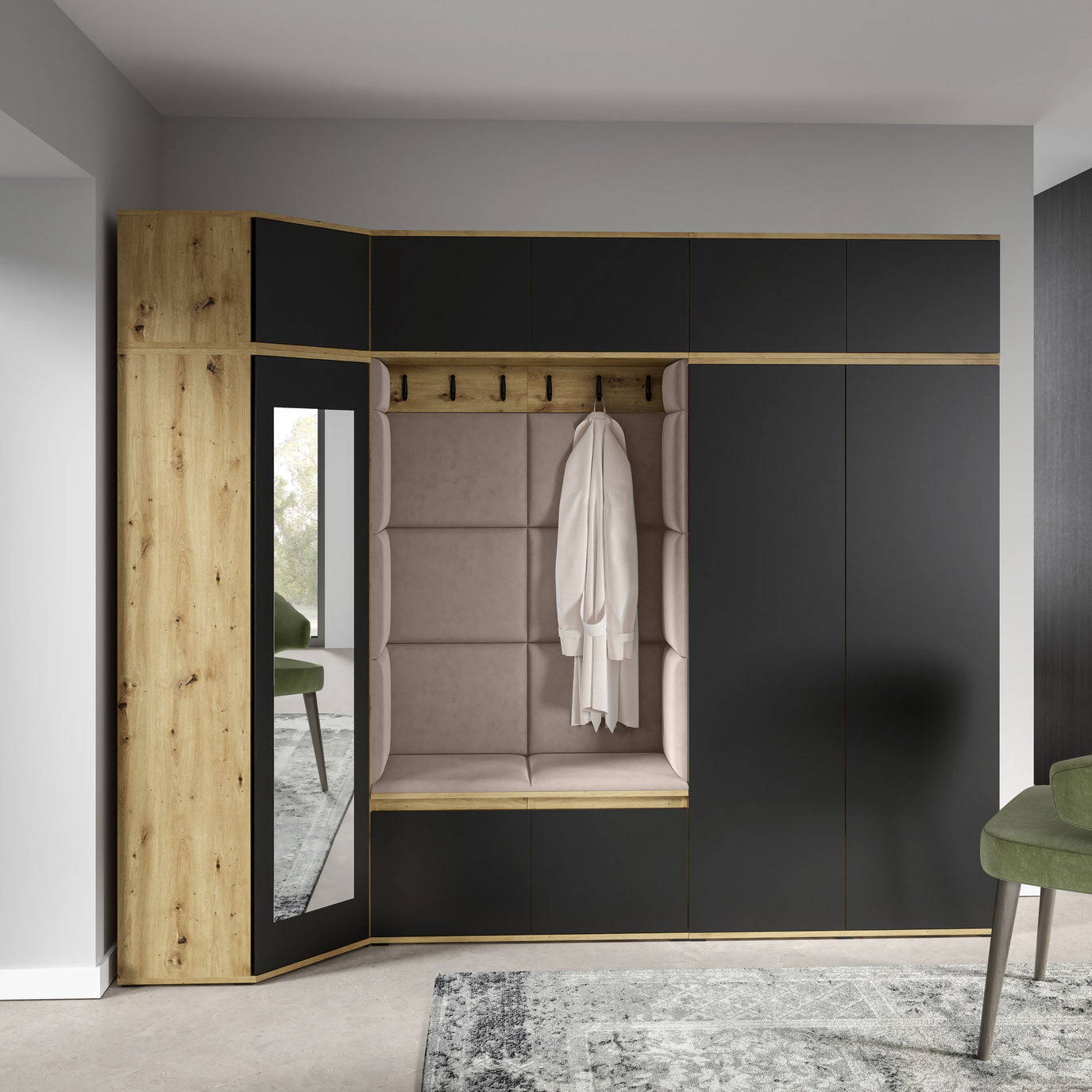 PK Emi 39 Flurgarderobe Artisan Eiche/Schwarz - Polsterpaneele in verschiedenen Farben
