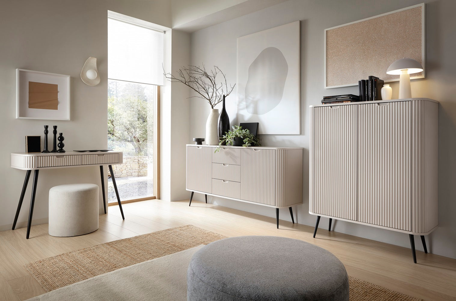 ZOVA Chest of Drawers - Modern Vanity with Two Drawers and Grooved Fronts #color_Cashmere with black legs