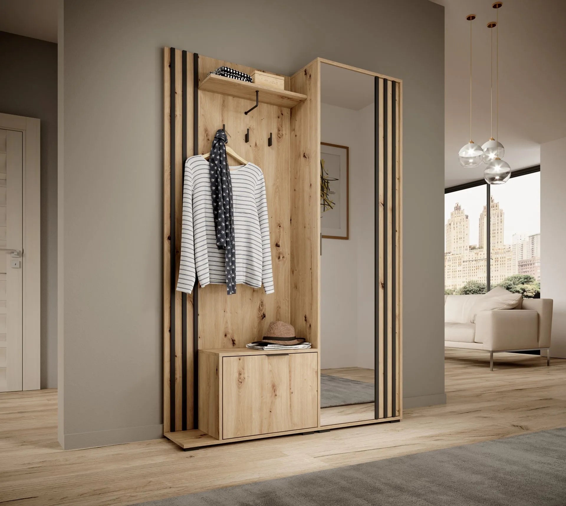 Nelly Flurgarderobe - Artisan Eiche / Schwarze Lamellen / Spiegel