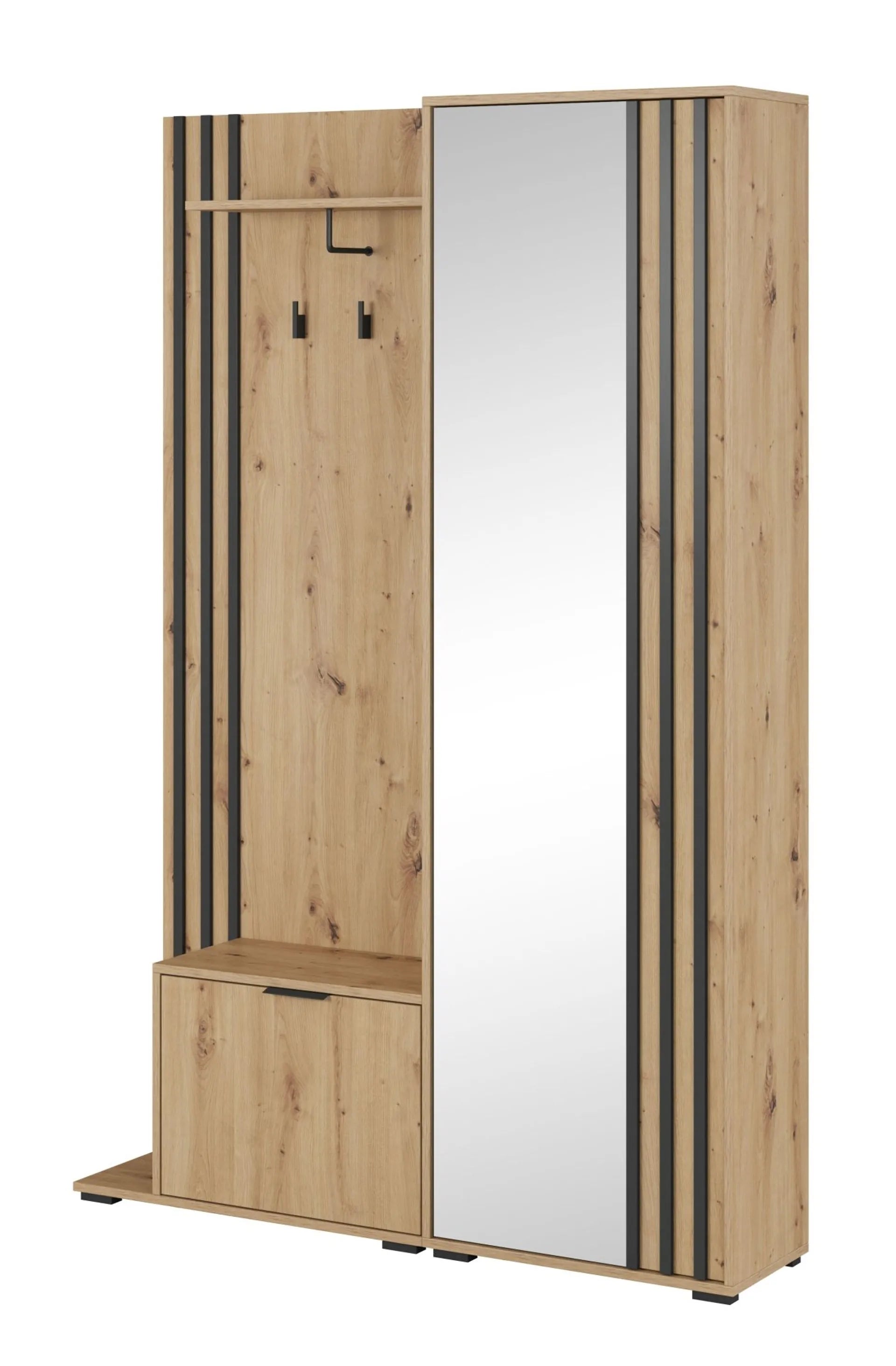 Nelly Flurgarderobe - Artisan Eiche / Schwarze Lamellen / Spiegel
