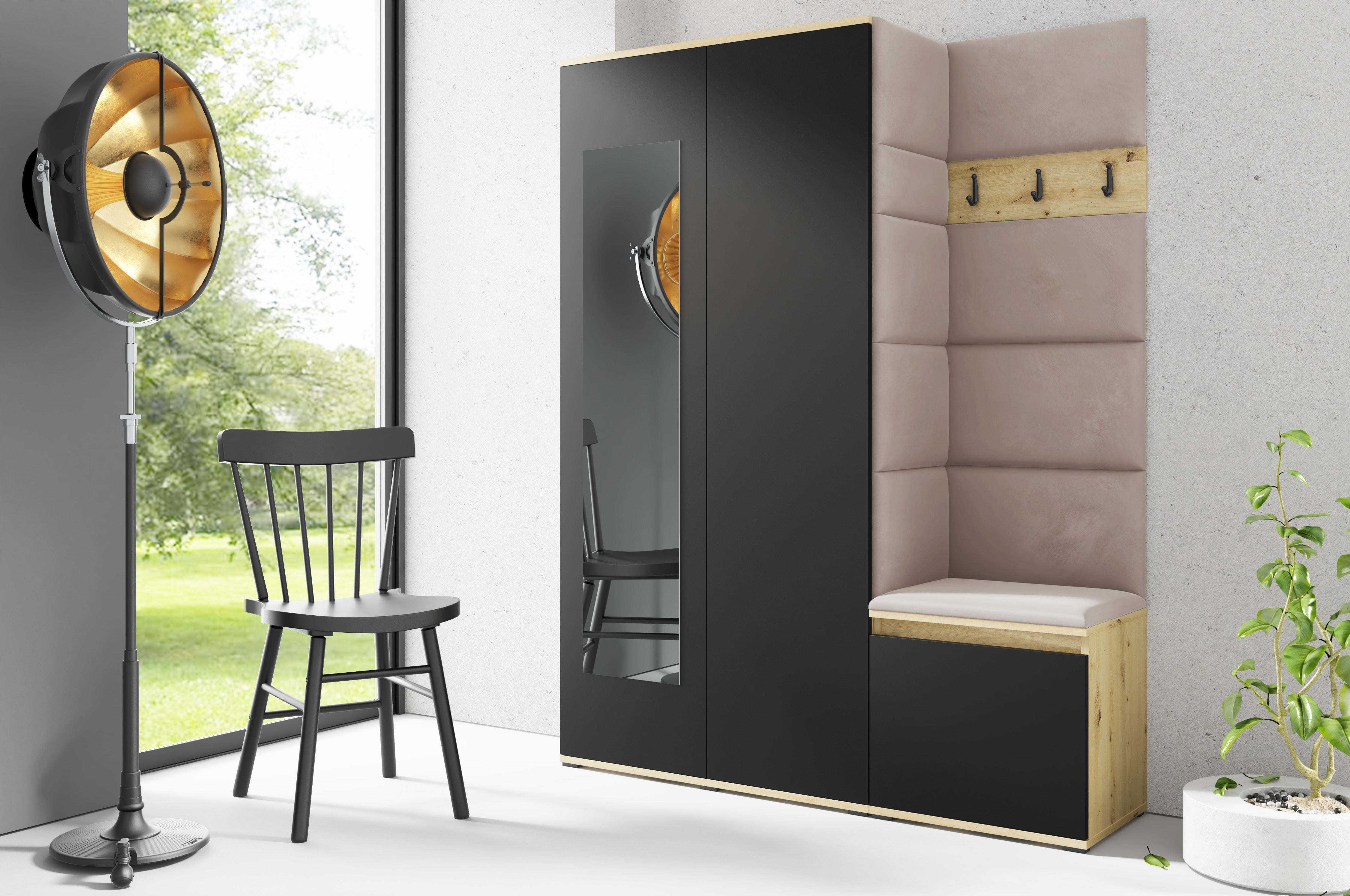 PK Emi 11 Hallway Wardrobe Artisan Oak / Black - Upholstered Panels in Various Colours