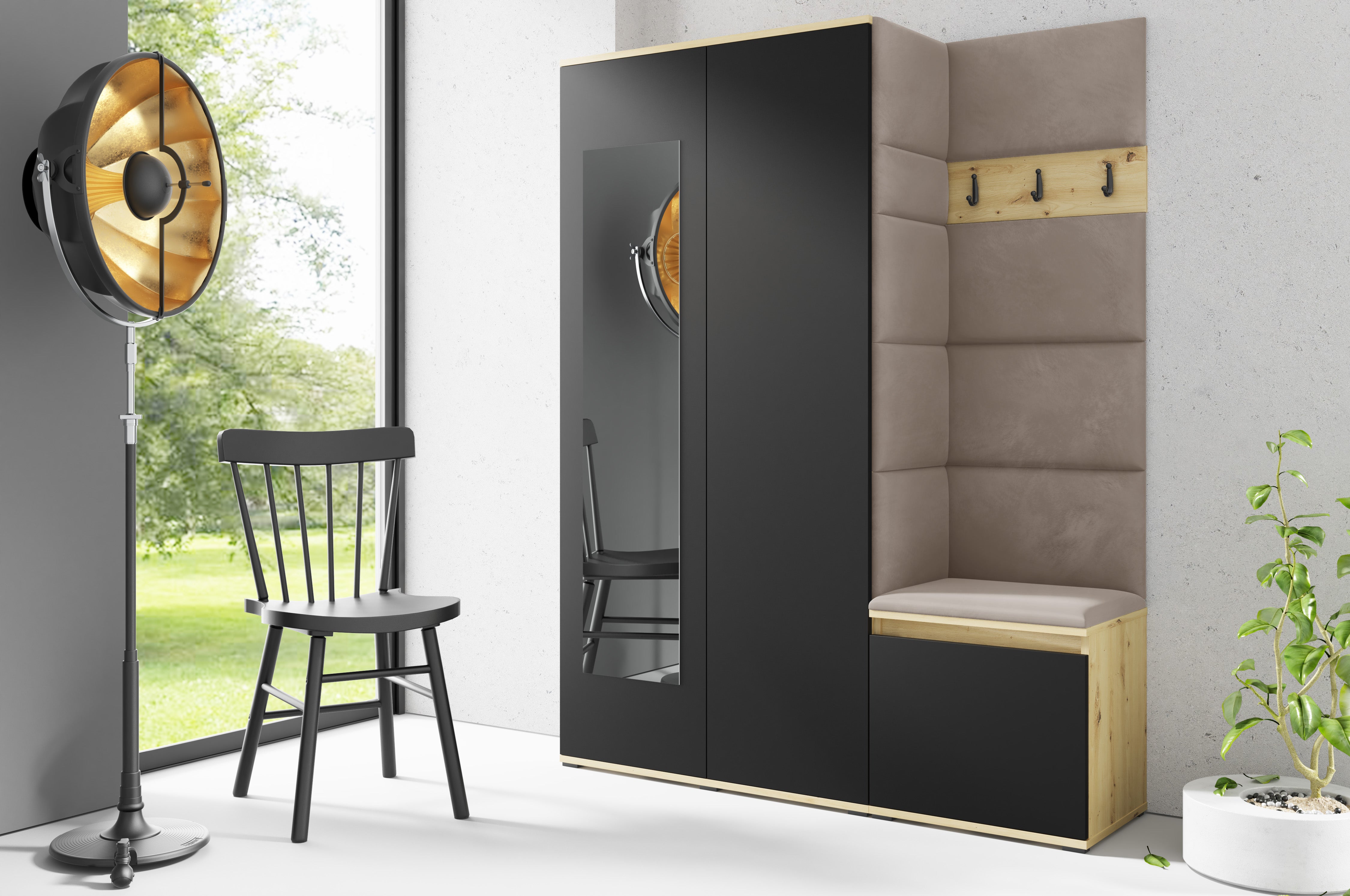 PK Emi 11 Hallway Wardrobe Artisan Oak / Black - Upholstered Panels in Various Colours