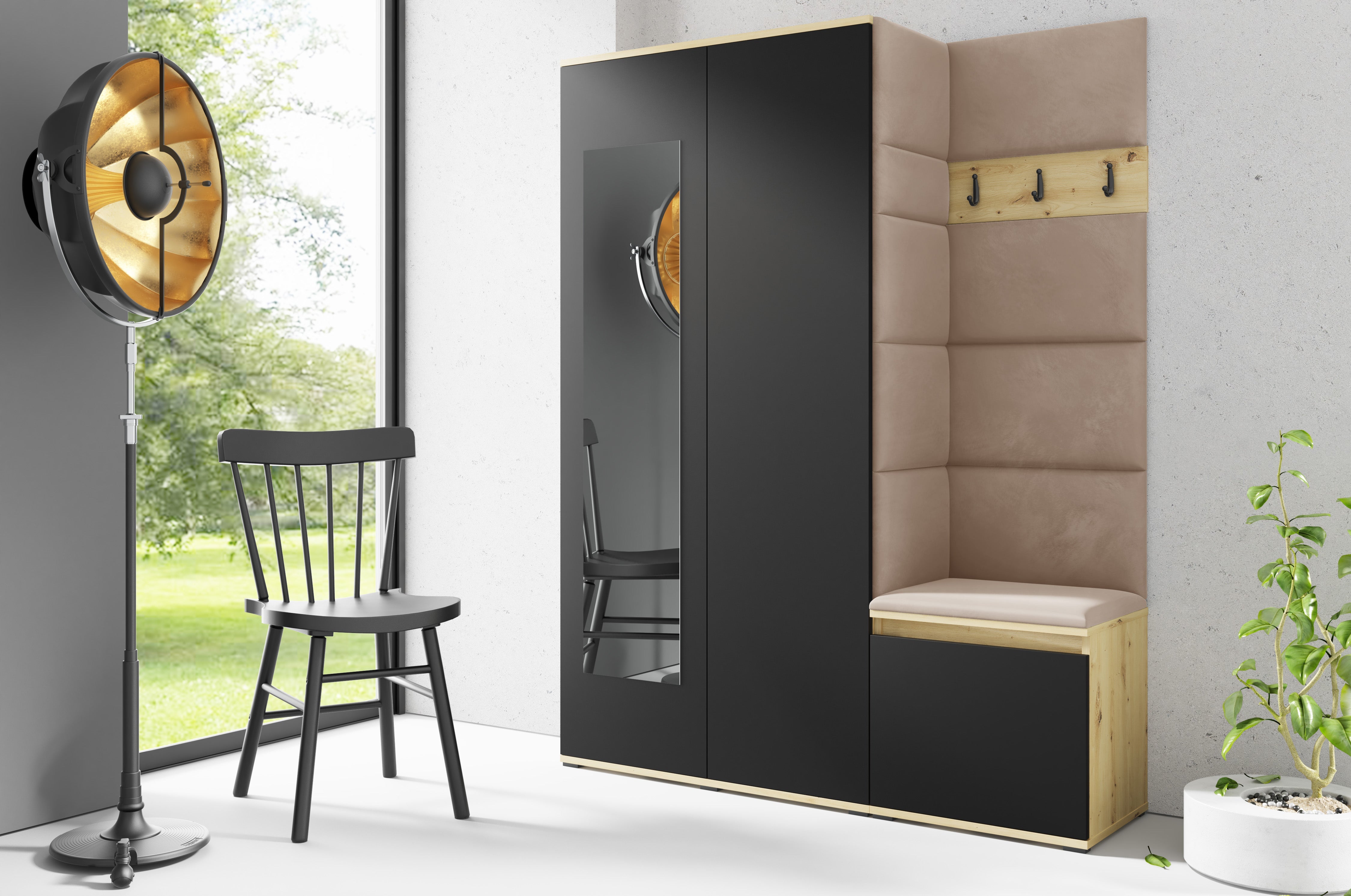 PK Emi 11 Hallway Wardrobe Artisan Oak / Black - Upholstered Panels in Various Colours
