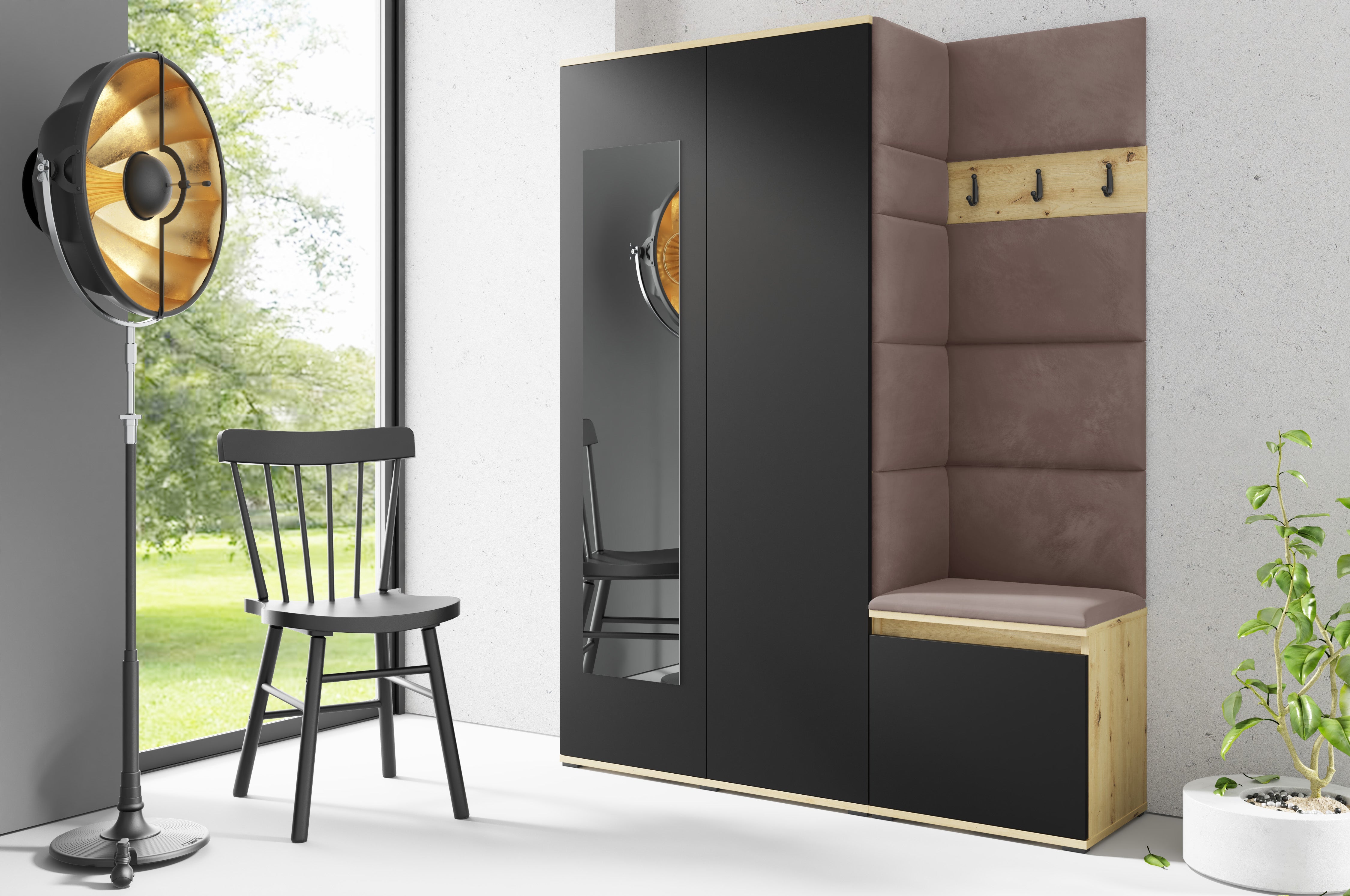 PK Emi 11 Hallway Wardrobe Artisan Oak / Black - Upholstered Panels in Various Colours
