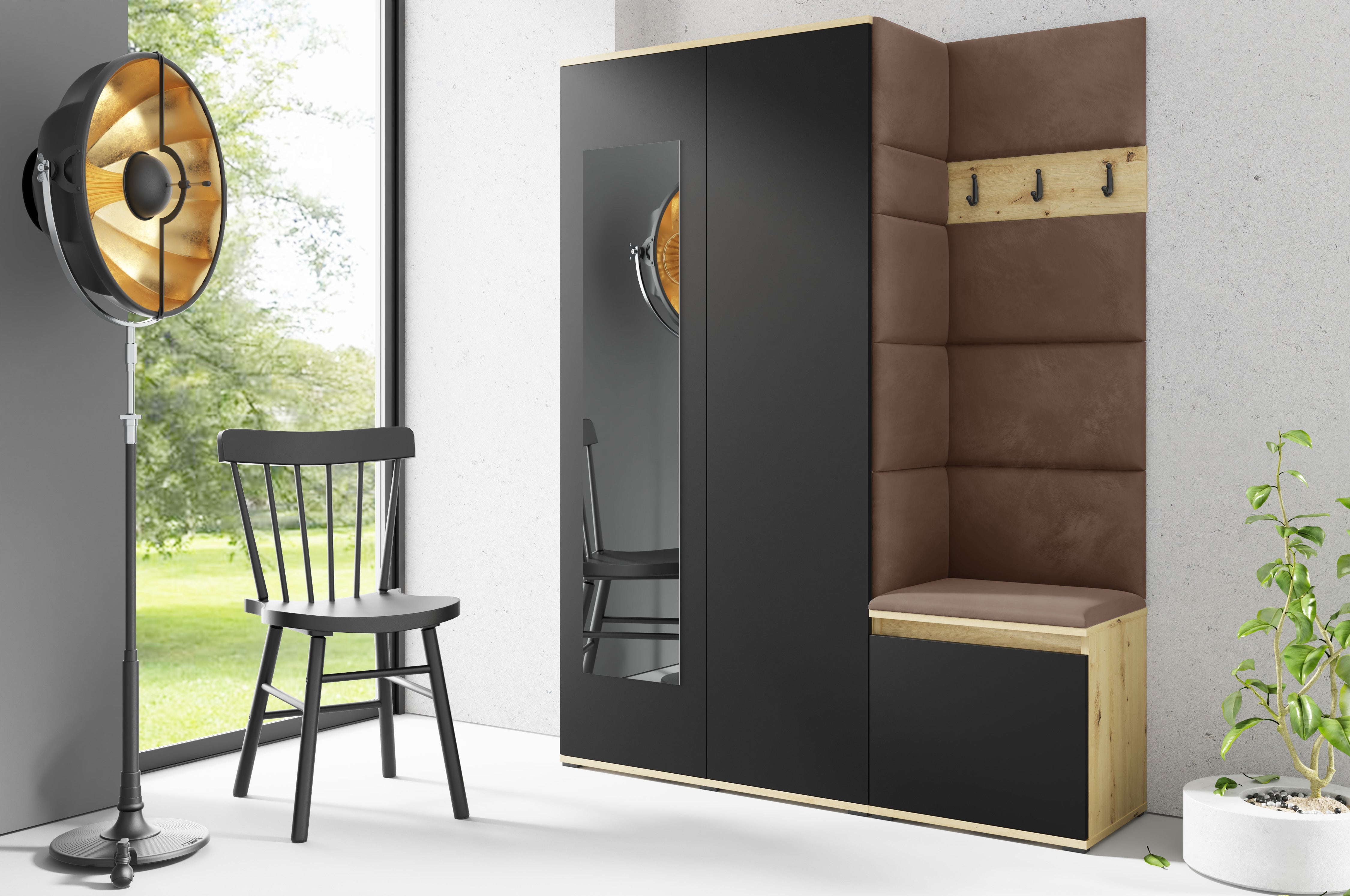 PK Emi 11 Hallway Wardrobe Artisan Oak / Black - Upholstered Panels in Various Colours