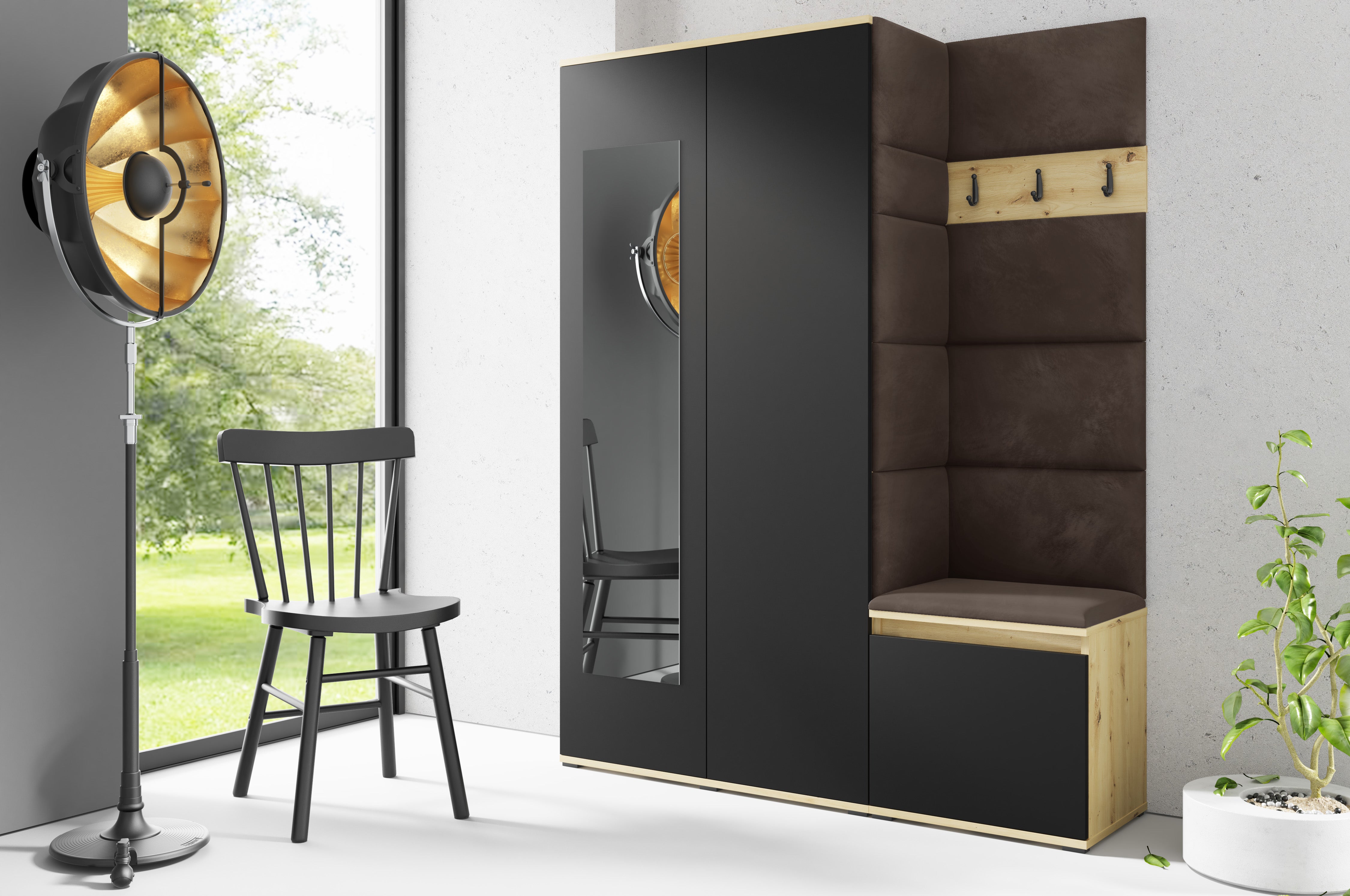 PK Emi 11 Hallway Wardrobe Artisan Oak / Black - Upholstered Panels in Various Colours