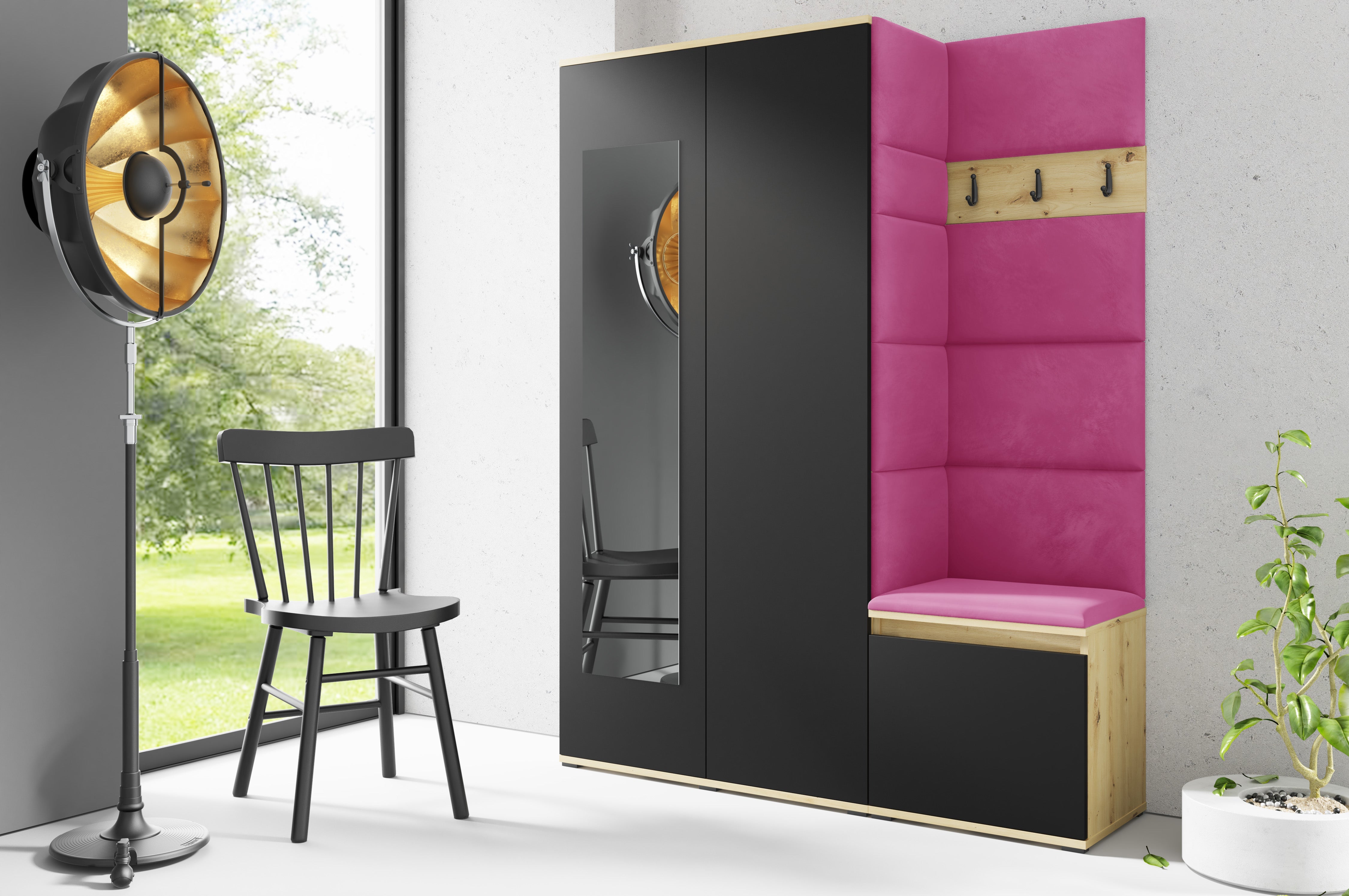 PK Emi 11 Hallway Wardrobe Artisan Oak / Black - Upholstered Panels in Various Colours