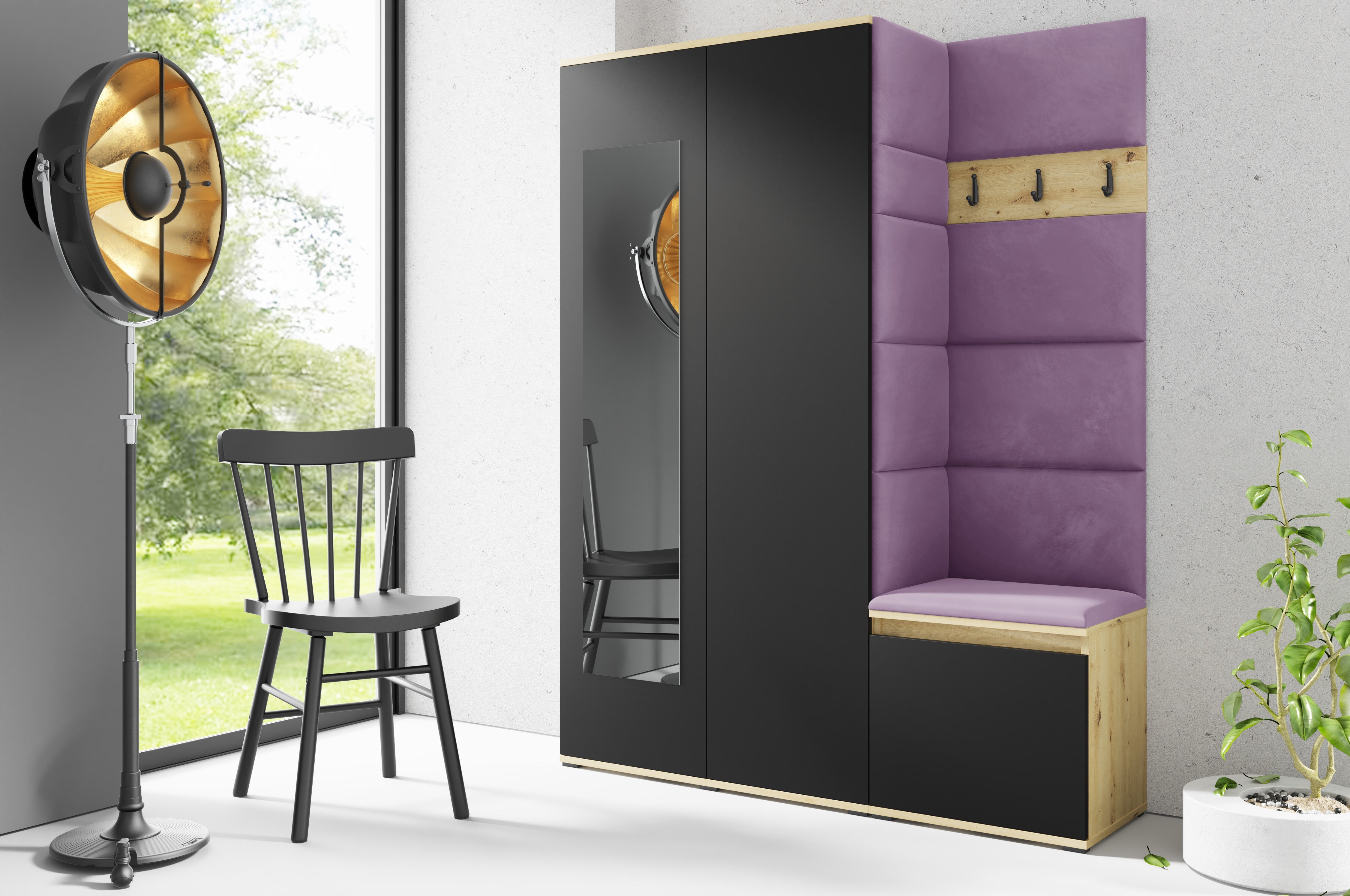 PK Emi 11 Hallway Wardrobe Artisan Oak / Black - Upholstered Panels in Various Colours